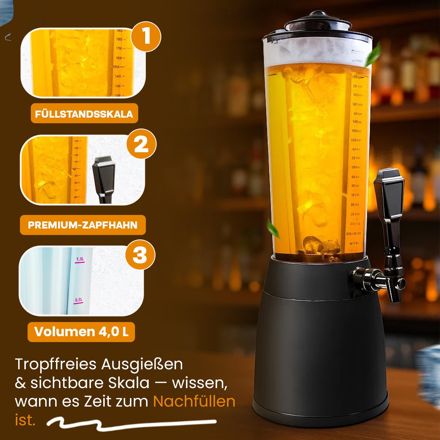 Biertower 4,0 Liter – Kult Biersäule mit LED-Beleuchtung & Eiskühlung – XXL Trinksäule Getränkespender mit Präzisions-Zapfhahn – Robuste Zapfsäule für Party, Grillen & Events – Getränkesäule Schwarz