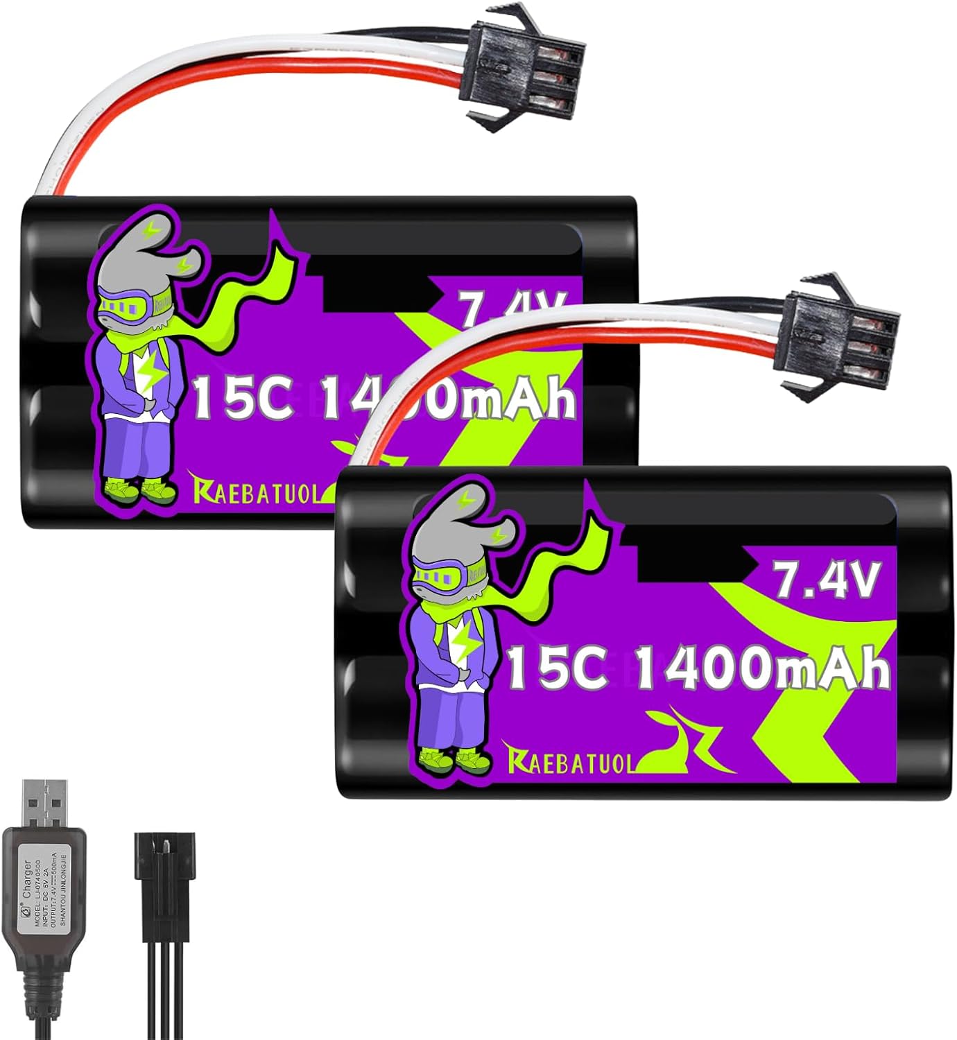 7.4V 1400mAh 15C Rechargeable Li-ion Battery SM-3P Plug,High Capacity Fit for Some Remote Control Car Toys,RC Trucks Boat Plane with Charger(Cell*2)