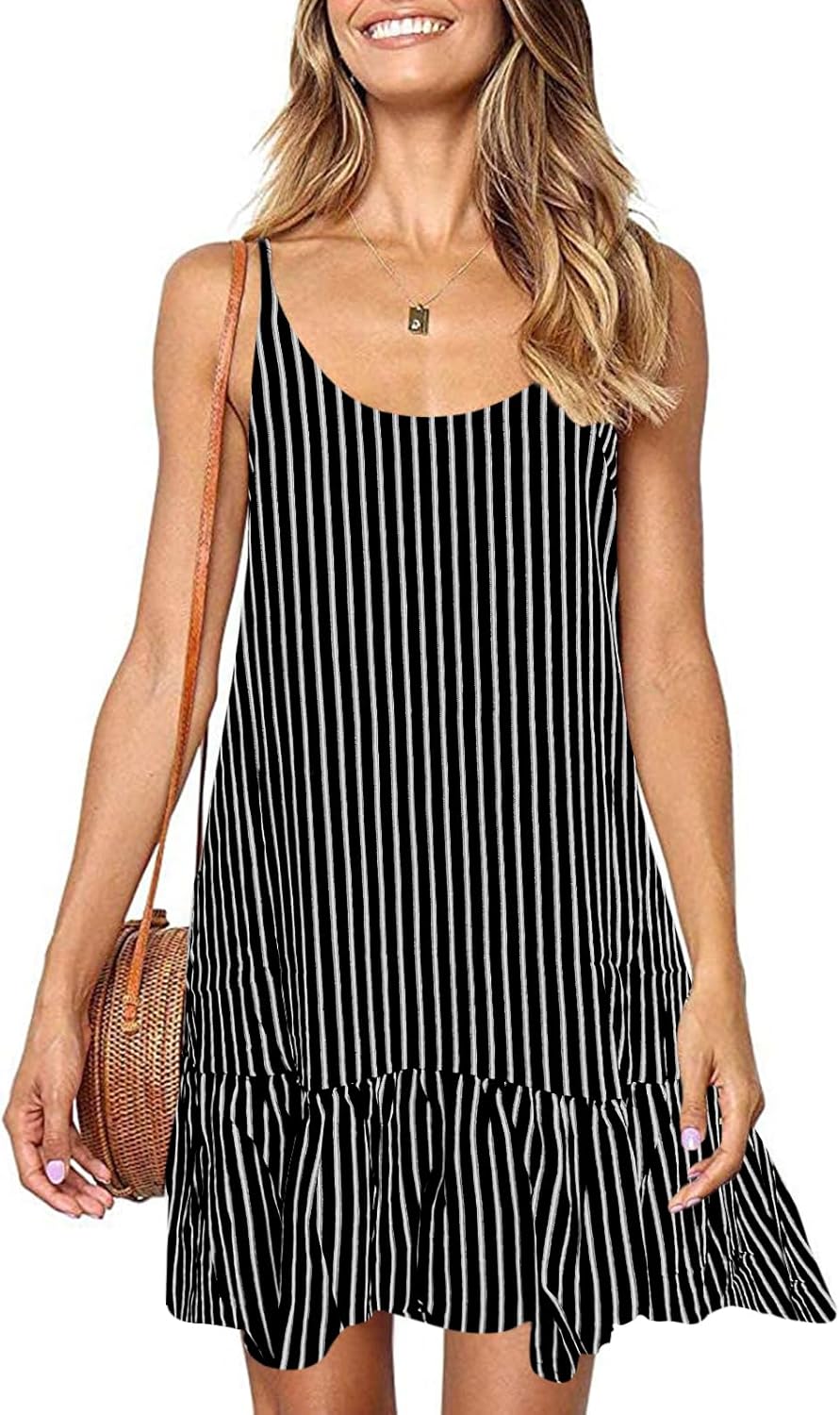 Qearal Womens Sundresses Boho Floral Printed Dress Summer Sleeveless Beach Mini Dress with Pockets
