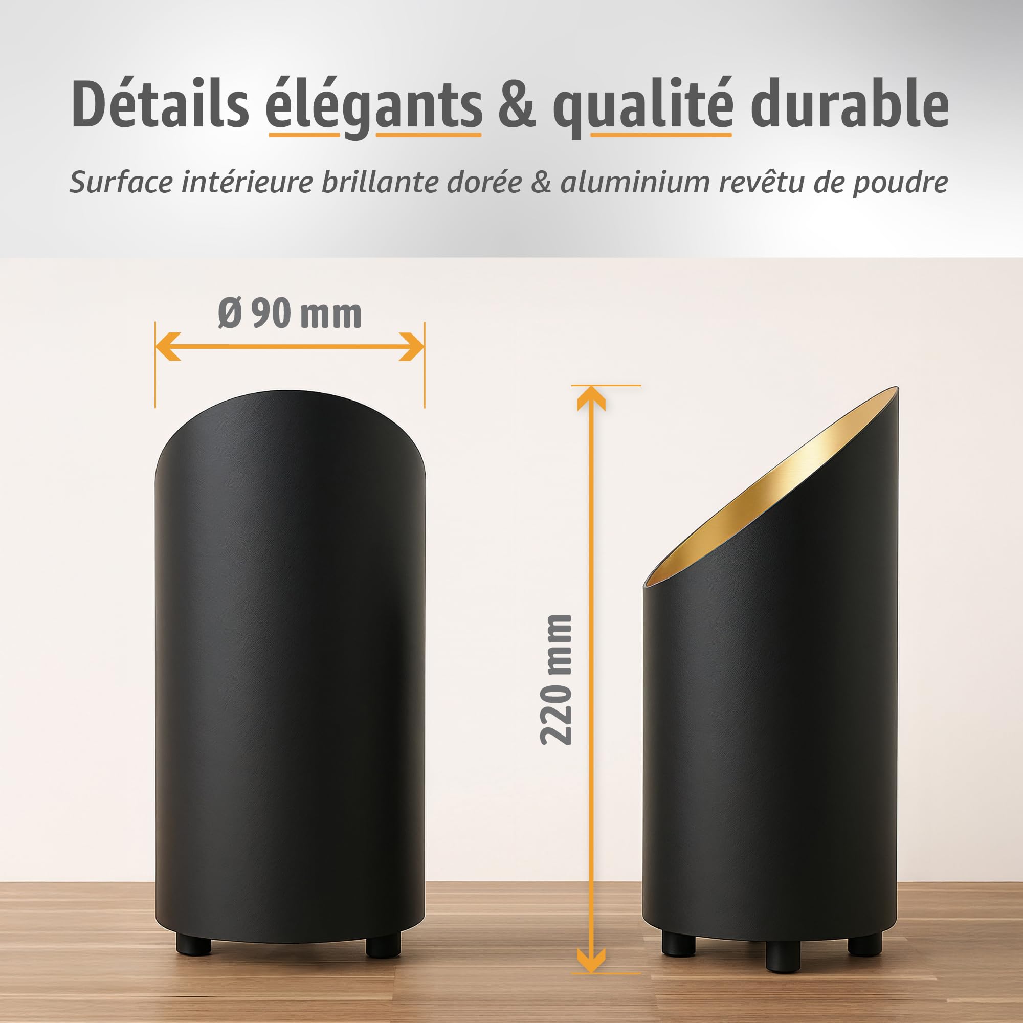 SSC-LUXon AUREVA lot de 2 lampes de sol noir-or – luminaire décoratif LED GU10 pour salon & chambre – petite lampe de chevet design avec interrupteur au pied – aluminium 22 cm