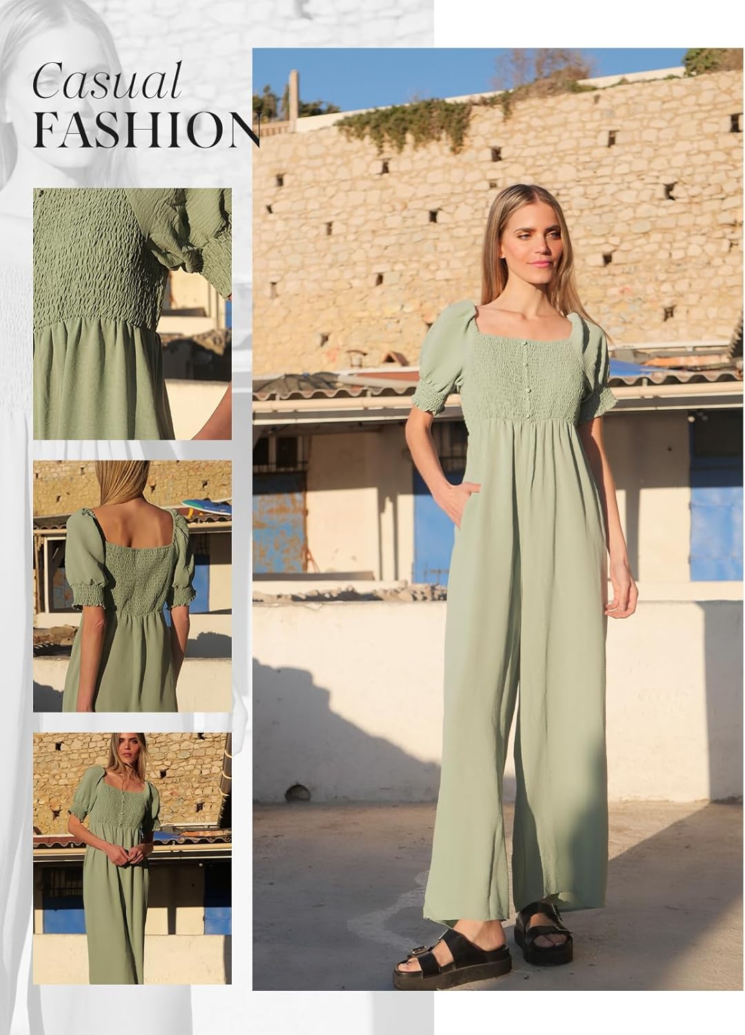 Dokotoo Jumpsuits for Women 2026 Summer Lantern Sleeves Rompers Wide Leg Casual Overalls with Pockets - Image 3