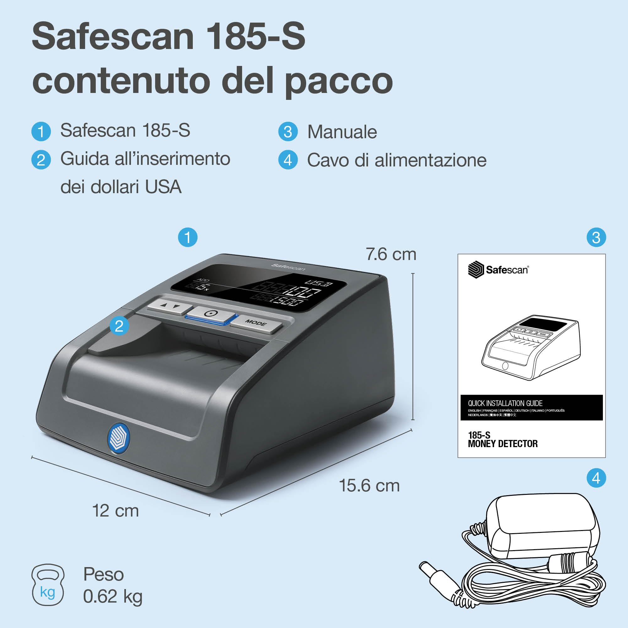Safescan 185-S Verifica banconote false automatico che verifica rapidamente le banconote, Inclusi dollari americani, Verificatore del falso a 7 punti, Accurato Verifica banconote al 100%