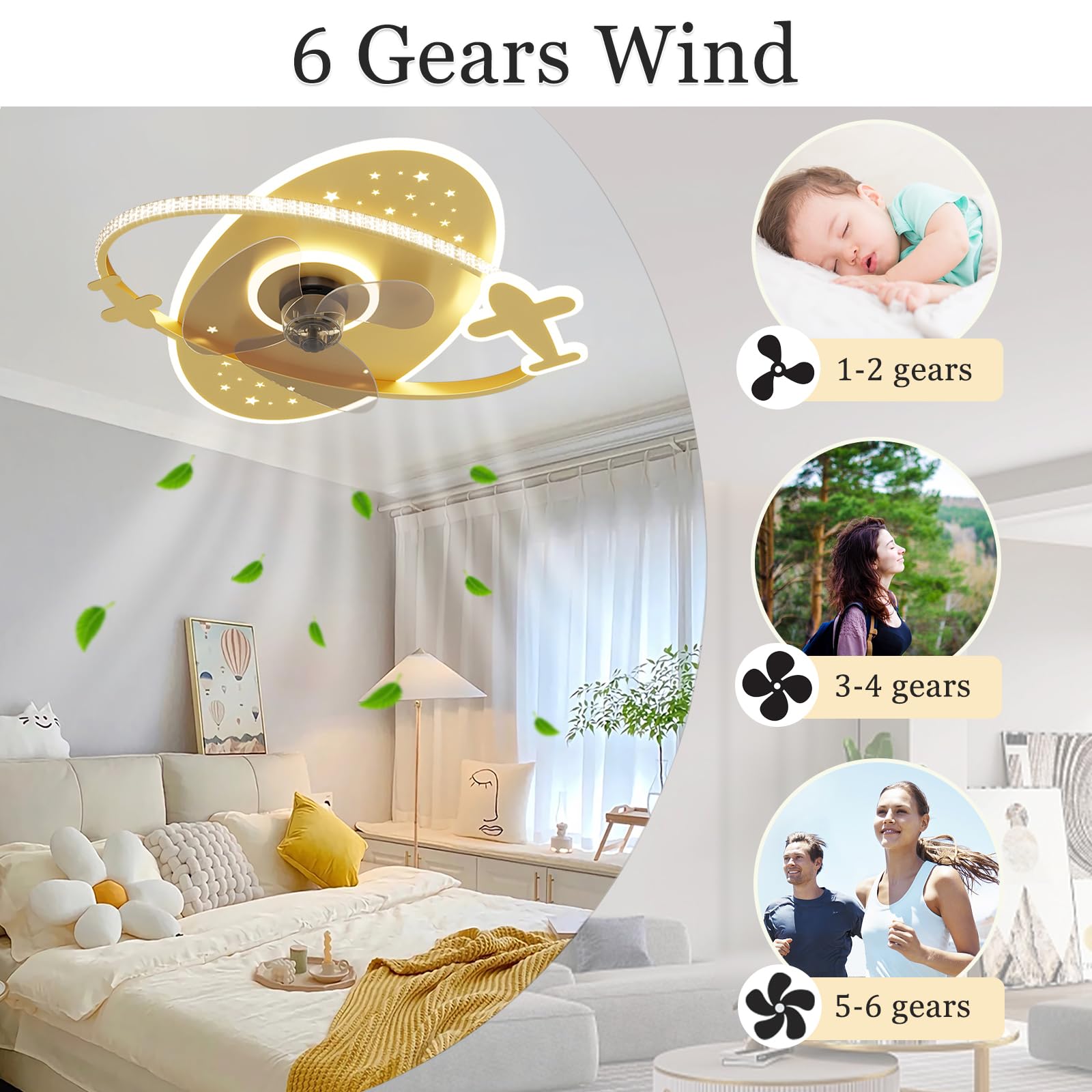Kinderlamp Met Plafondventilator Omkeerbare DC Dimbare Plafondventilator Met Licht En Afstandsbediening Stille Timer 6 Snelheid Ventilator Lamp Voor Kinderkamer-White Stars
