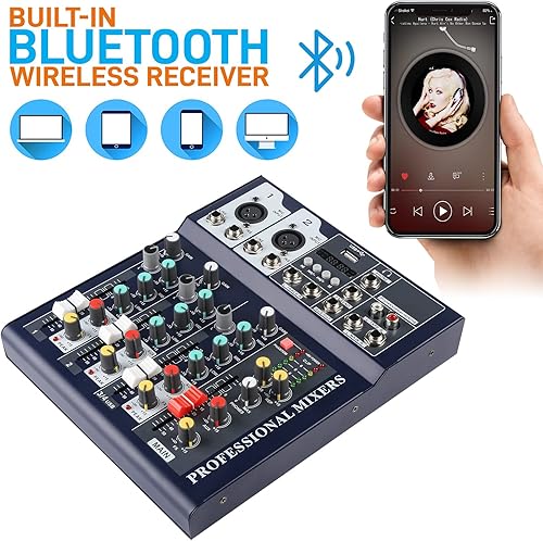 Miniatura 10 de Mezclador de audio DJ de 5 canales con Bluetooth, interfaz de audio USB con sonido Phantom Power de 48 V con efecto de retardo de reverberación FX