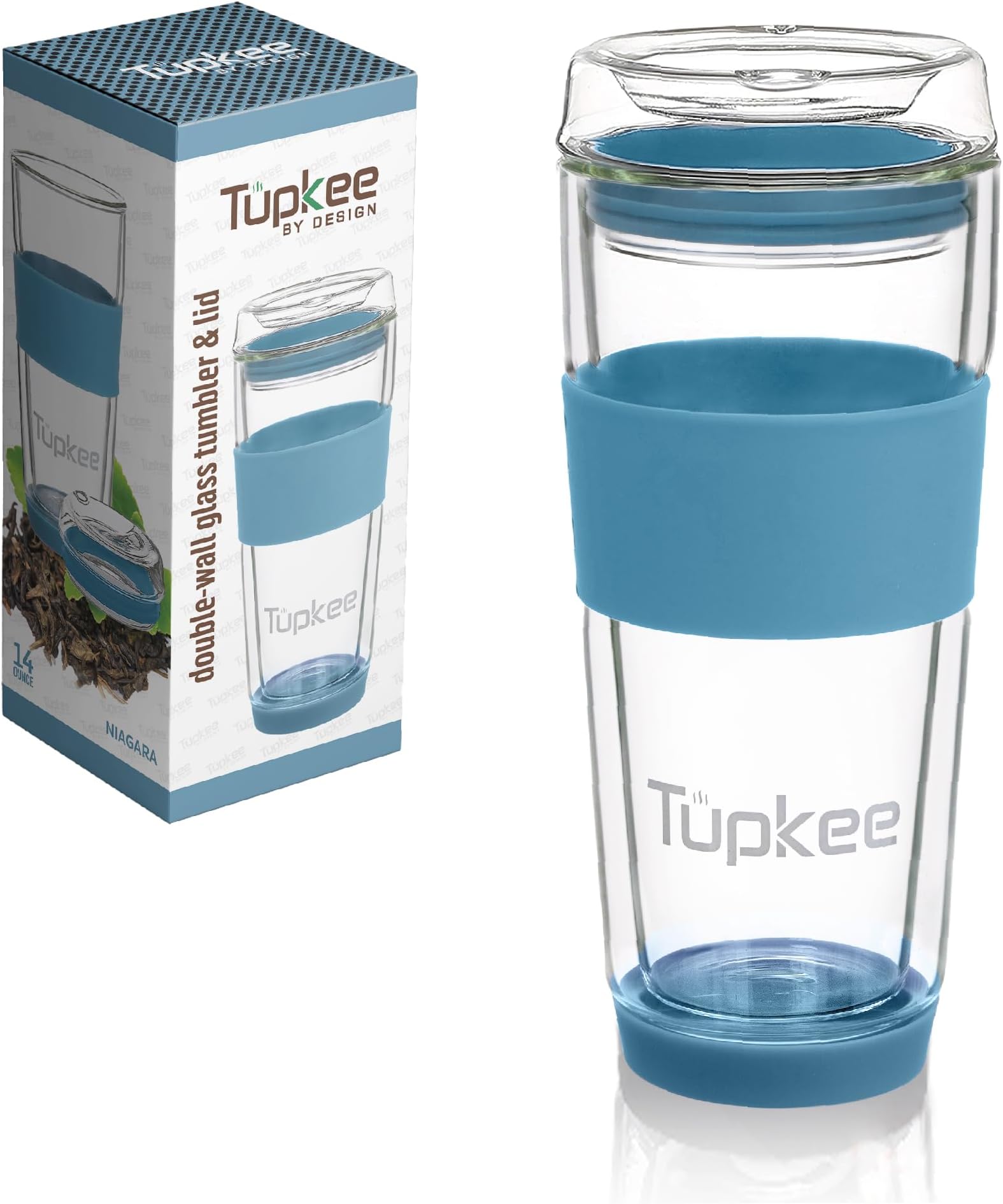 Tupkee Double Wall Glass Tumbler - 14-Ounce, All Glass Reusable Insulated Tea/Coffee Mug & Lid, Hand Blown Travel Mug - Niagara