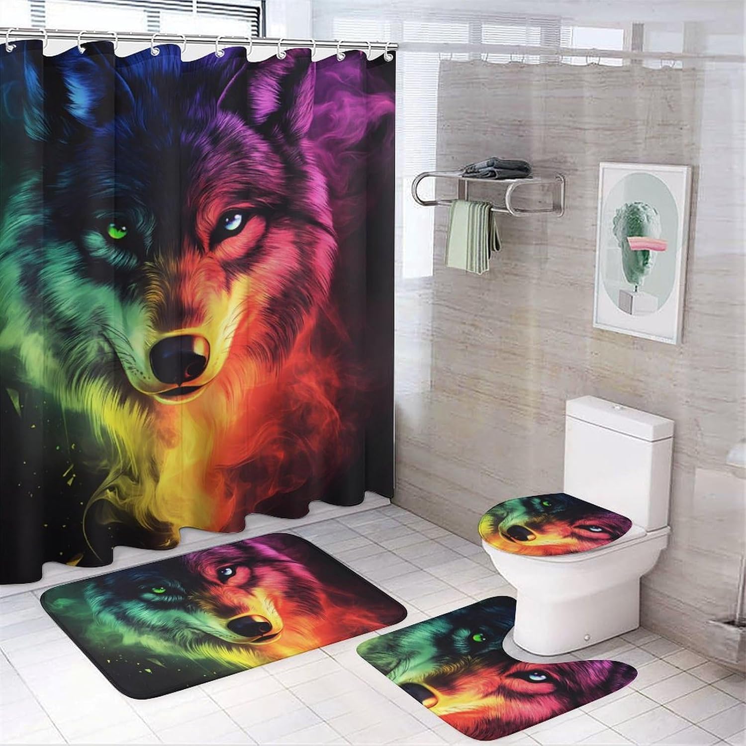 Colorful Wolf Face Modern Bathroom Sets with Shower Curtain and Rugs Decor 4 Pcs with 12 Hooks