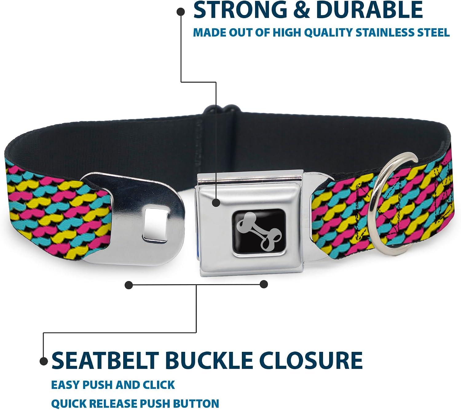 Dog Collar Seatbelt Buckle Mustache Monogram Black Fuchsia Turquoise Yellow 16 to 23 Inches 1.5 Inch Wide