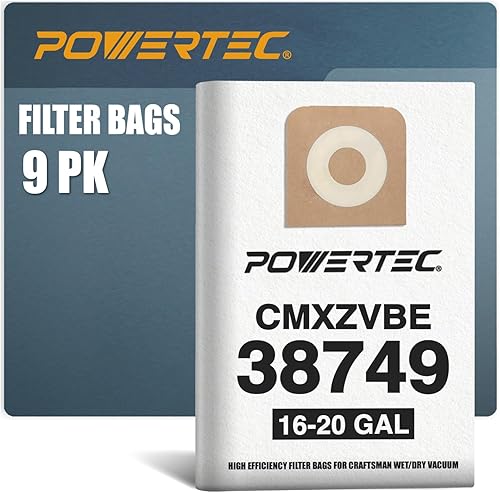 POWERTEC 75068-P3 Paquete de 9 bolsas de filtro para aspiradora Craftsman de 16 a 20 galones, repuesto para bolsas de recolección de polvo para