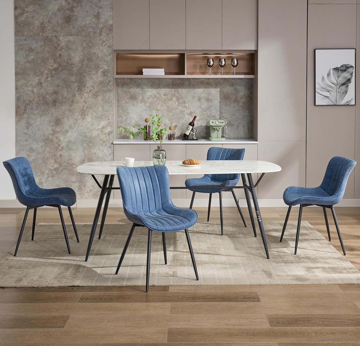 Mid Century Modern Upholstered Dining Chairs Set of 6, Leather Upholstered Dining Chairs, Armless Kitchen Chair with Back & Metal Legs for Dining Room/Reception Waiting Room/Bedroom,Blue