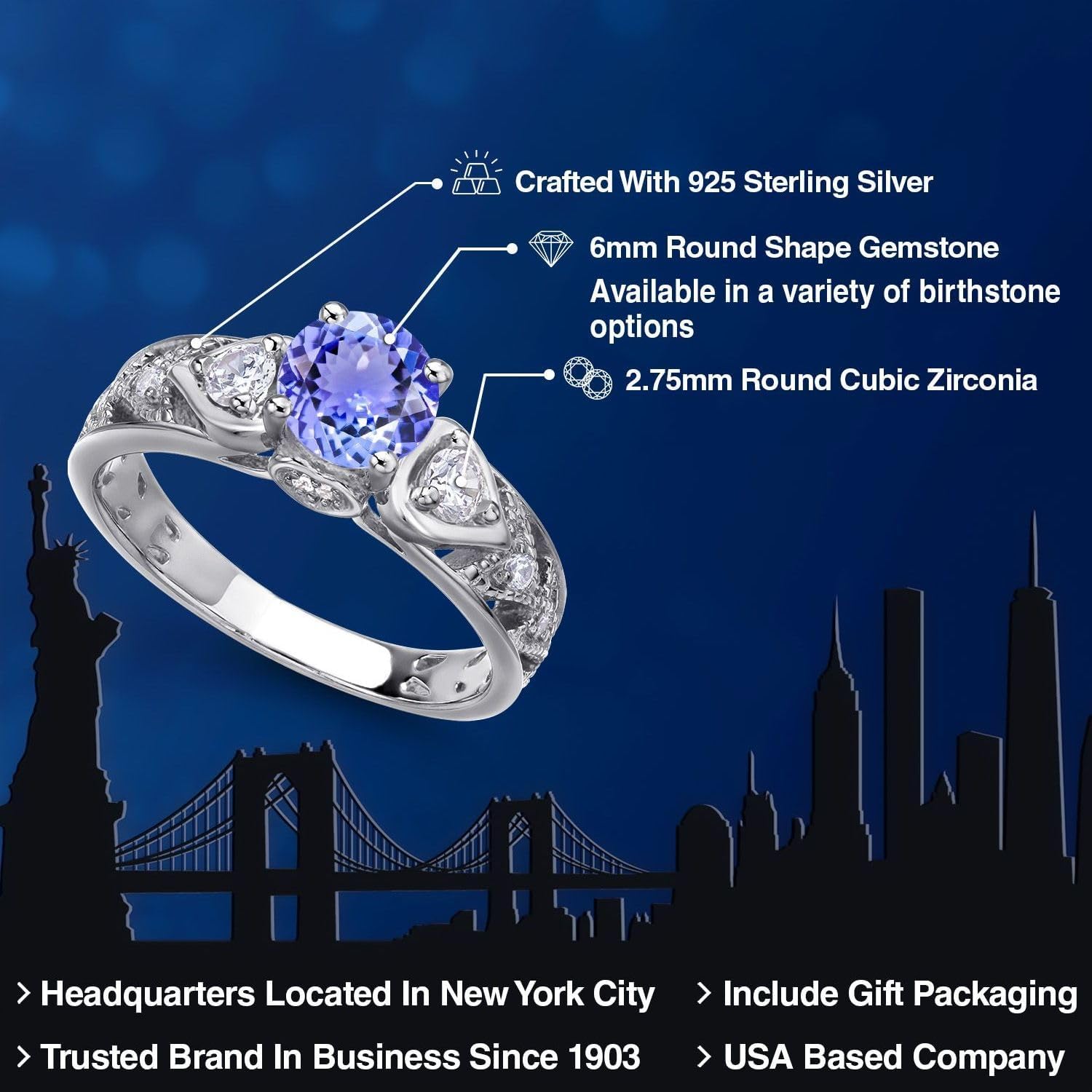 Gem Stone King 2.16 Cttw Blue Tanzanite Engagement Ring For Women | 925 Sterling Silver | Round Cut 6MM | Gemstone Birthstone | Wedding Engagement Anniversary Promise Ring For Women - Image 2