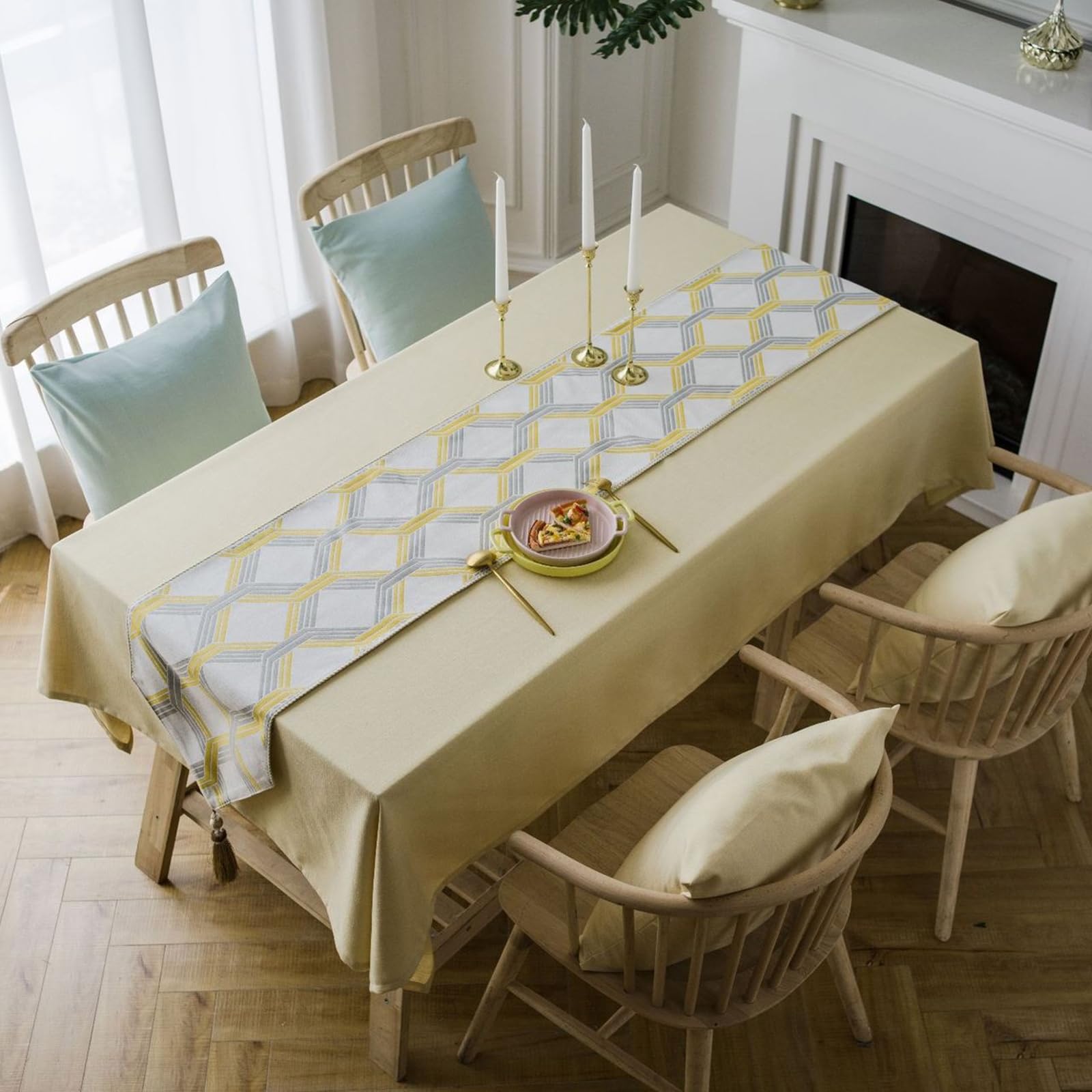 Tischläufer Polyester Landhausstil, Tischläufer Wohnzimmer 35x180 cm, Gestreifter Jacquard mit Quasten