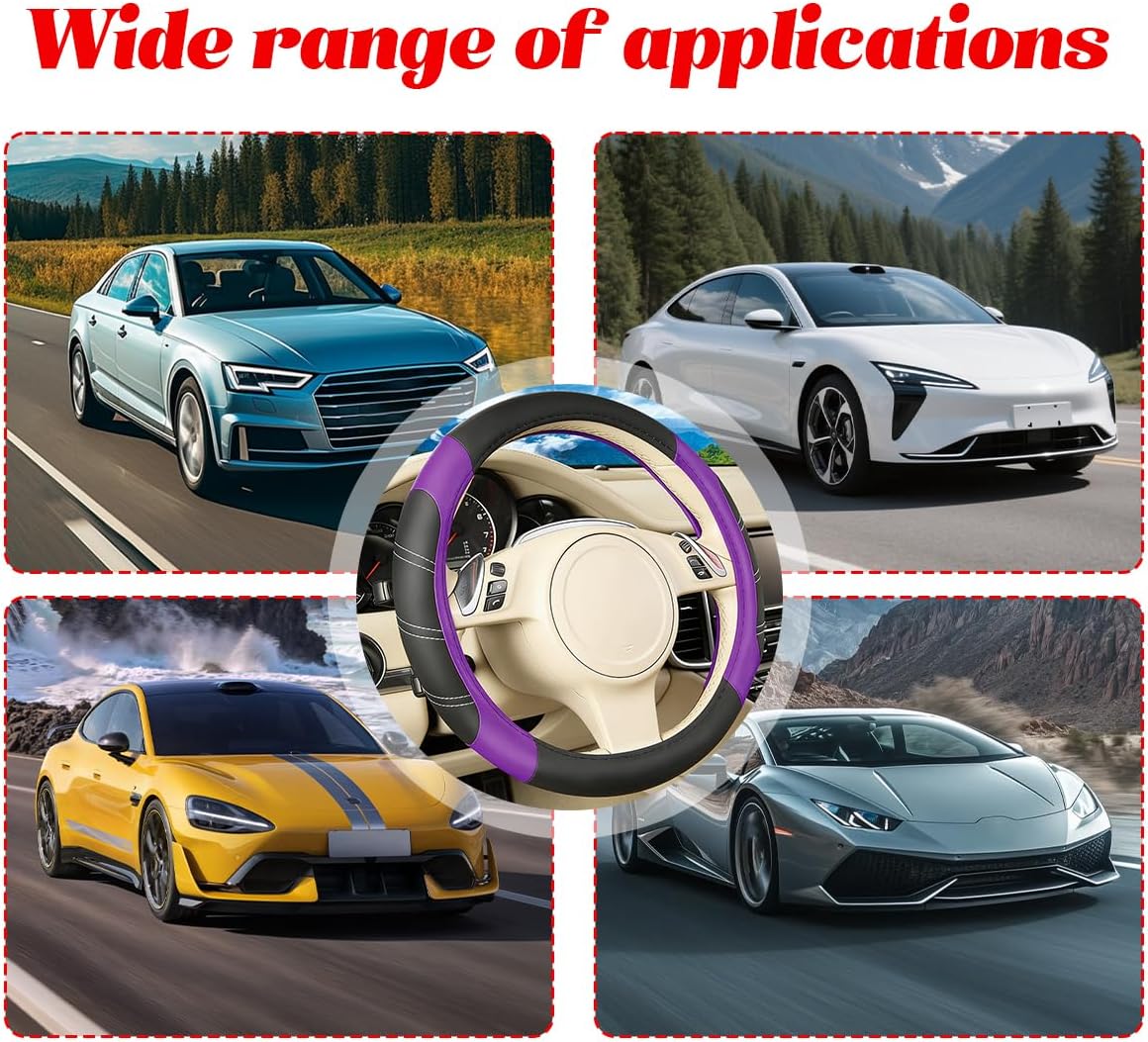 4PCS Car Accessories Set, 14.5-15 Inch Sporty Vehicle Steering Wheel Cover with Anti-Slip Lining, Automotive Interior Center Console Pad Seatbelt Cover, Universal for SUV Sedan Truck (Purple)
