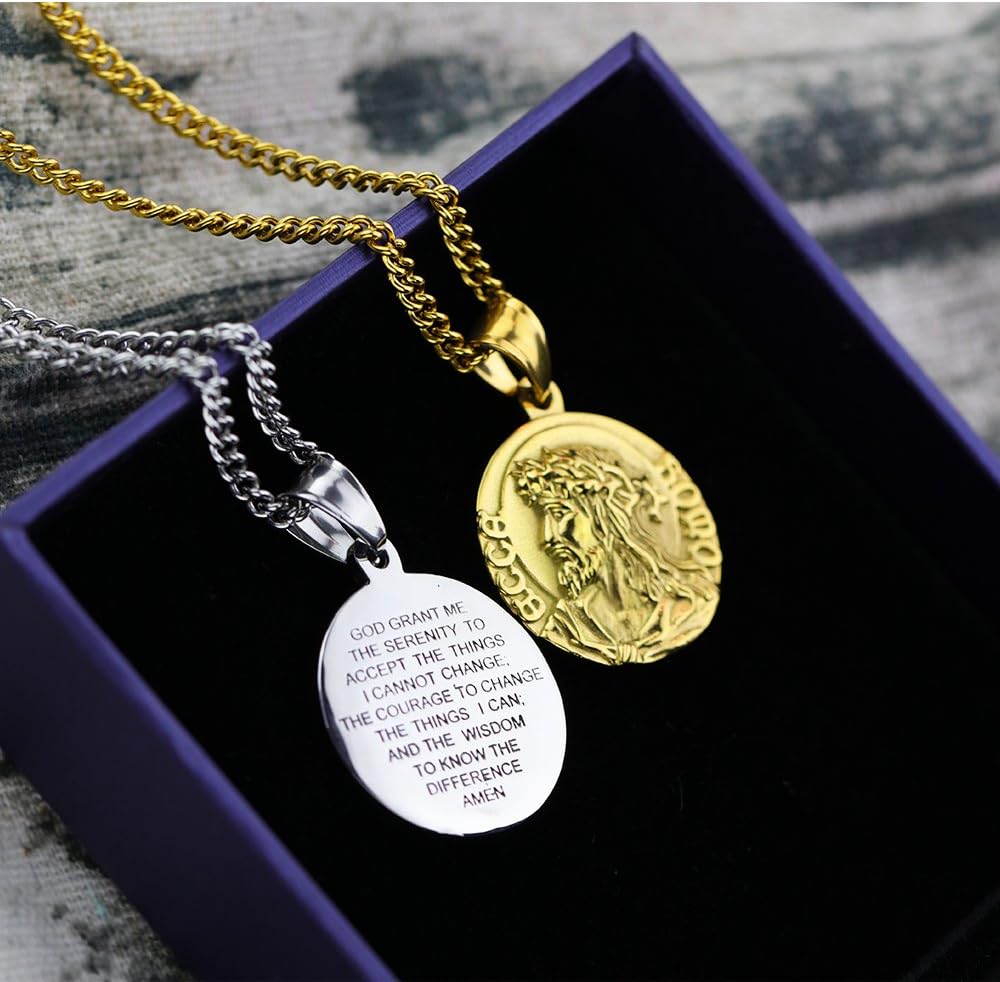 Christian Jesus Christ Serenity Prayer Necklace Stainless Steel Medal Medallion Necklace Silver Gold Tone - Image 3