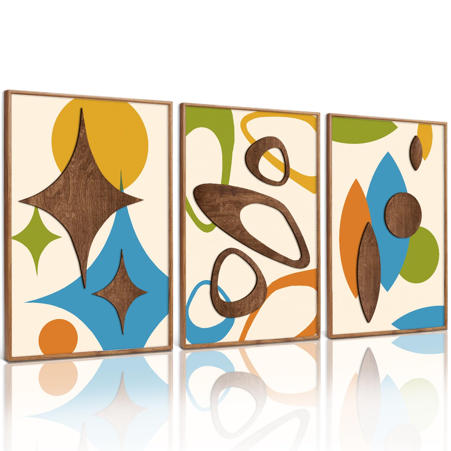 TOARTi 3PCS Framed 3D Mid Century Modern Wall Art Set(16x24inches), Vintage Abstract Geometric Modern Wall Decor, Boho Minimalist Illustration Artwork