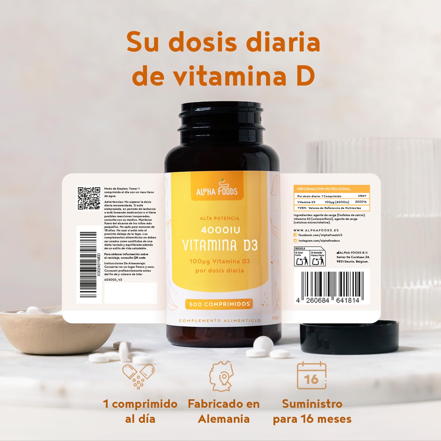 Vitamina D3 4000IU para 16 Meses, 500 Cápsulas. Vitamina D Alta Dosis, Sistema Inmunológico, Huesos y Salud General, Colecalciferol Vegetariano, Sin OGM, Alpha Foods