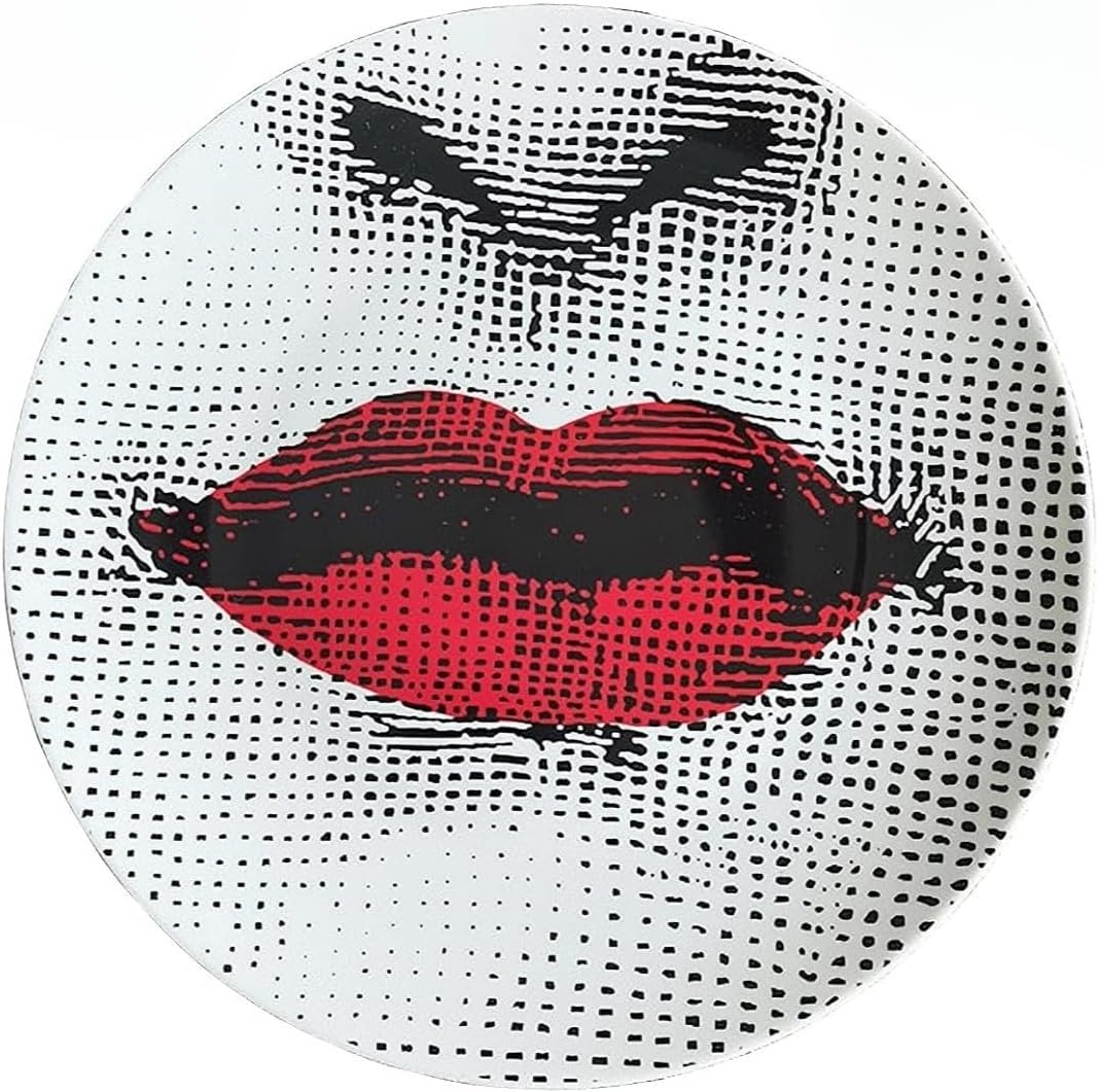 AlphaDesignLuxe 10" Italian-Style Decorative Plate – Modern Art Face Design, Handcrafted Ceramic Platter for Tabletop or Wall Display (Red Lips)