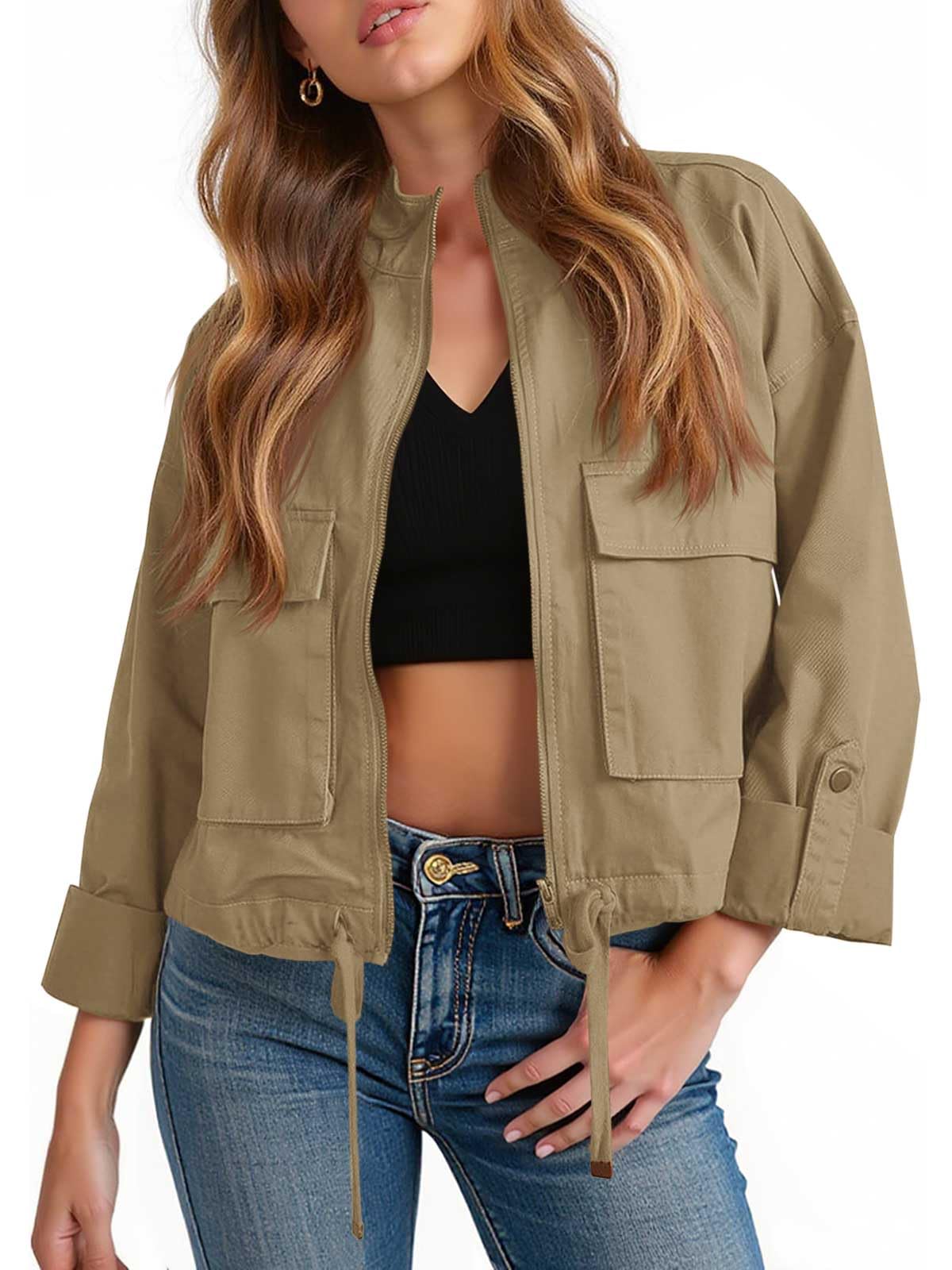 Tankaneo Women Casual Cropped Jackets Zip Up Lightweight Military Safari Short Utility Coat with Pockets