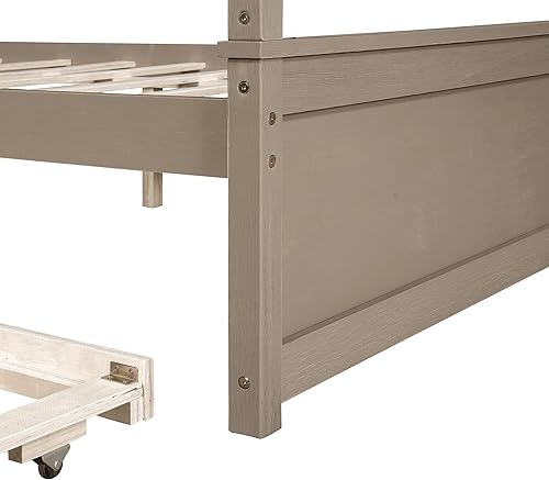 Miniatura 9 de CITYLIGHT Marco de cama con dosel de tamaño matrimonial con cama nido, cama nido de madera con listones de soporte, cama de cuatro postes con