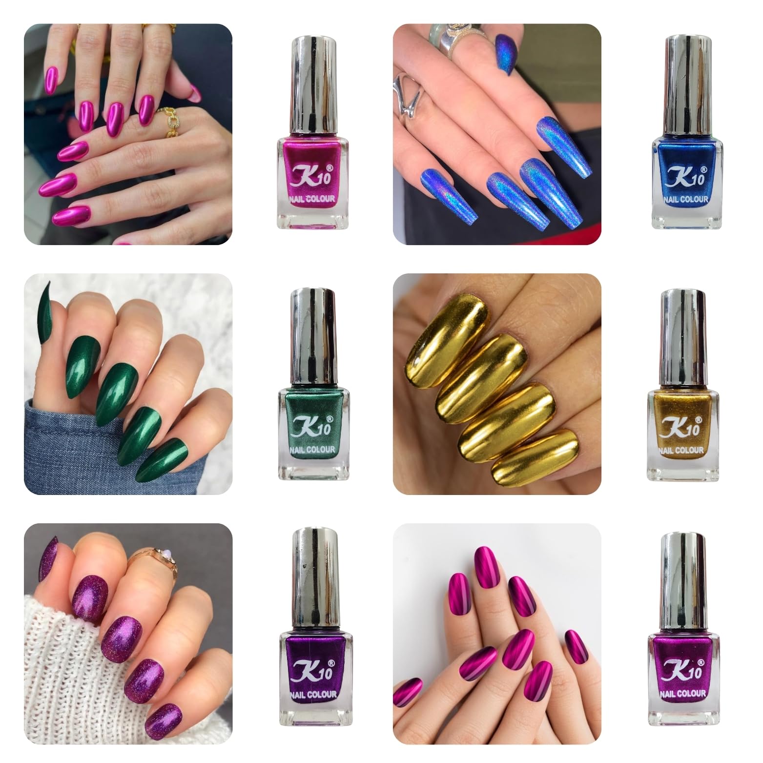 K10 Nail Polish| Metallic Finish Nail Paint|Quick Drying| Non UV Polish - Gel Finish |Chip Resistant Long-Lasting Multicolor Nail Paint for Women and Girls Pink-Golden-Purple-Blue-Darkpink-Green-picture-10