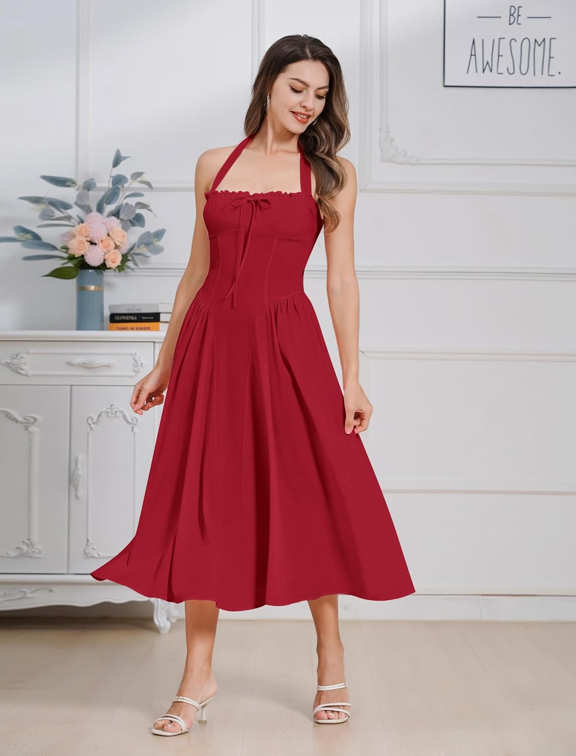 Women Floral Corset Dress Summer Dresses Boho Flowy Adjustable Halter Neck Lace Up Midi Dresses A Line Casual Sundress - Image 6