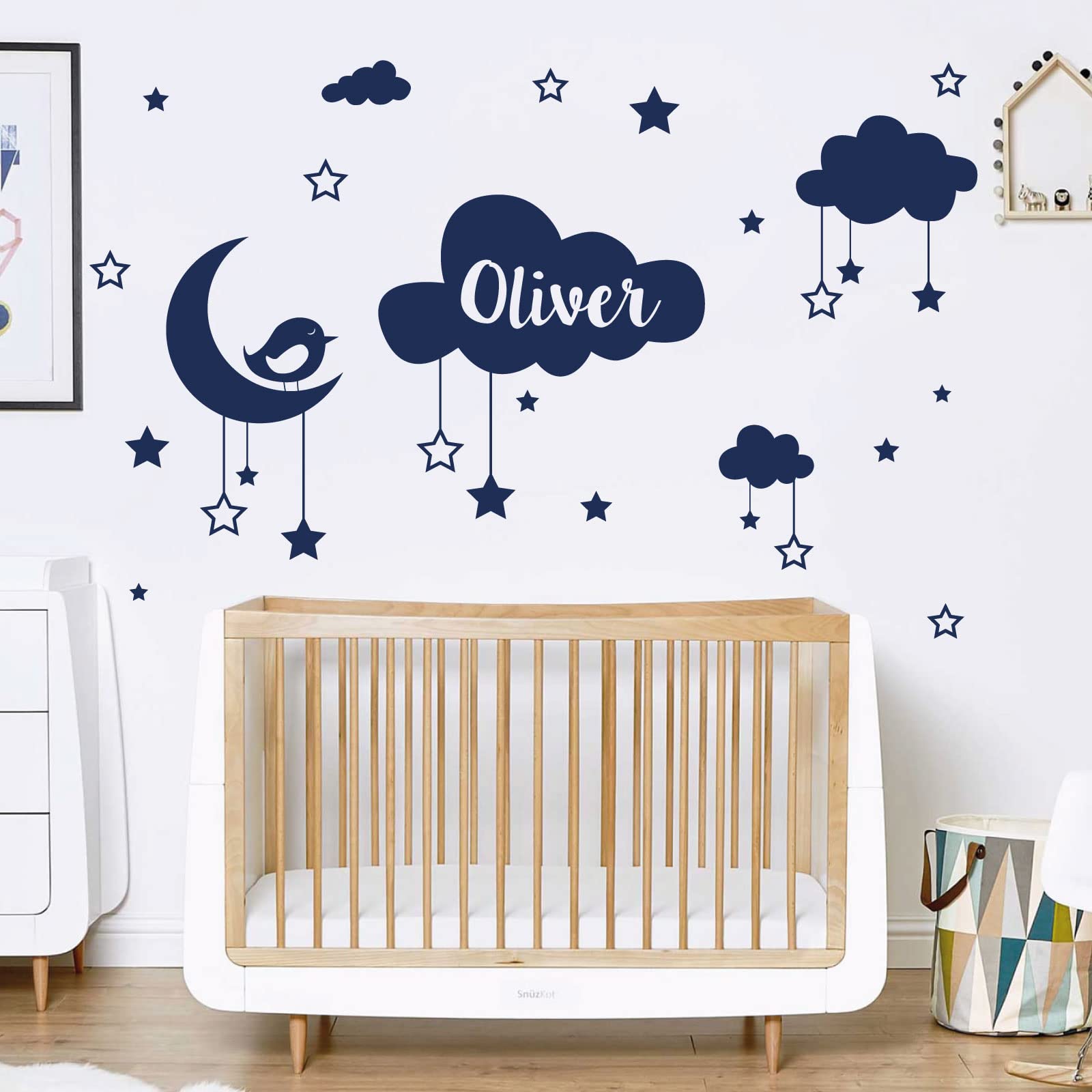 Personalised Name Baby Wall Sticker - Clouds, Stars, Moon & Bird [Medium] [Cobalt]