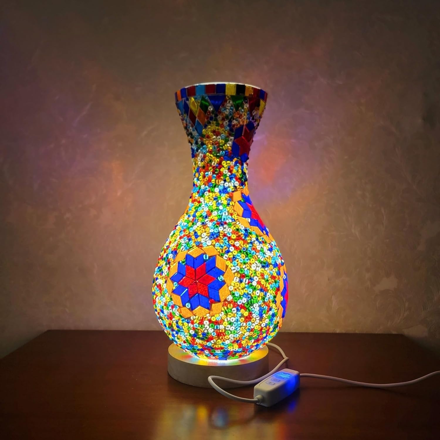 Maimeili Retro Turkish Mosaic Vase Lamp Turkish Moroccan Table Lamp Colorful Handmade Glass Vase with Wood Base for Flowers USB Charge Decor Light for Bedroom Ambient Living Room Farmhouse