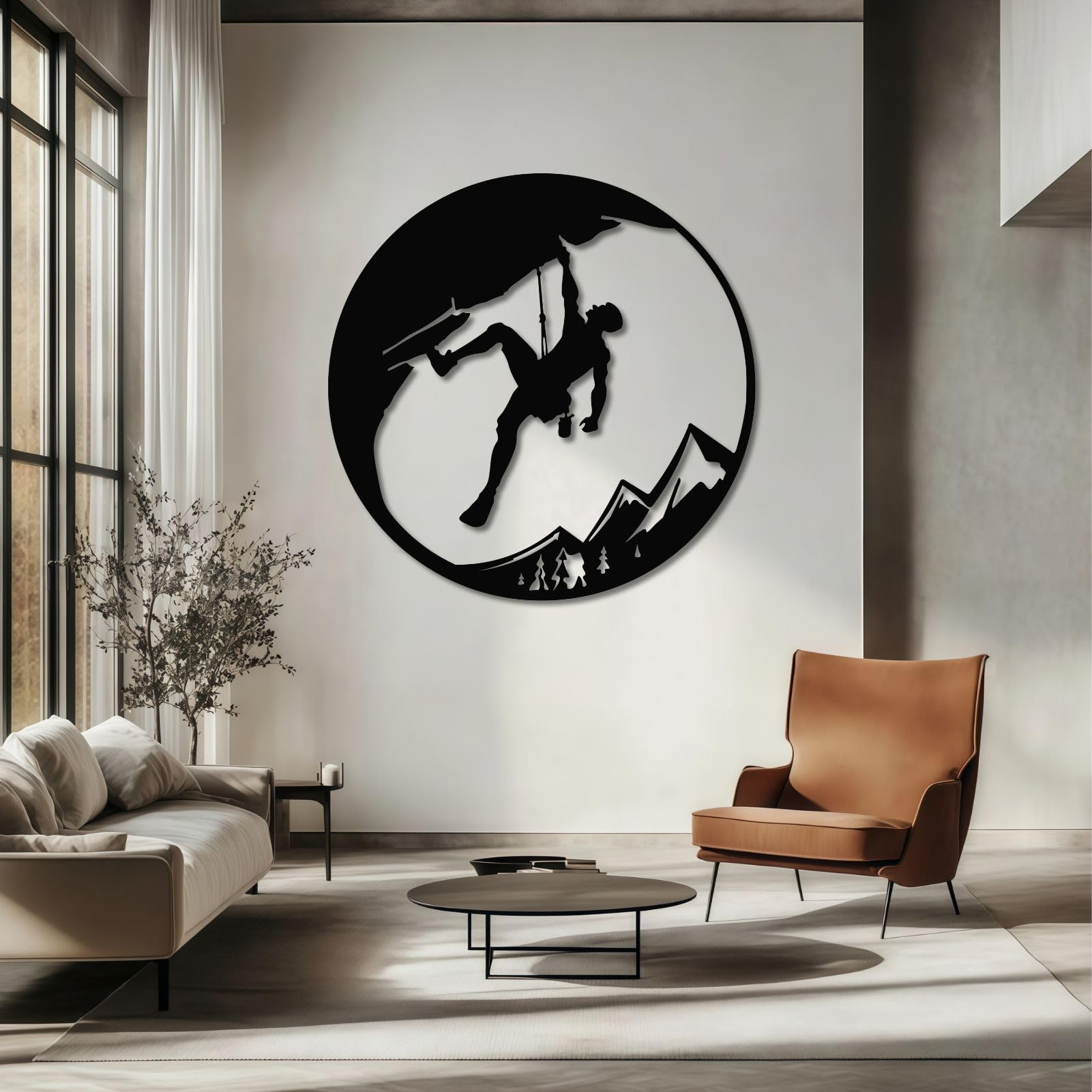 Großes abstraktes Wandbild aus Metall, Motiv: Felskletterer, Dekoration für Klettersport, Dekoration für Bergabenteuer im Freien, für Wohnzimmer, Schlafzimmer, Büro, Männerhöhle (Silber, 47 cm B