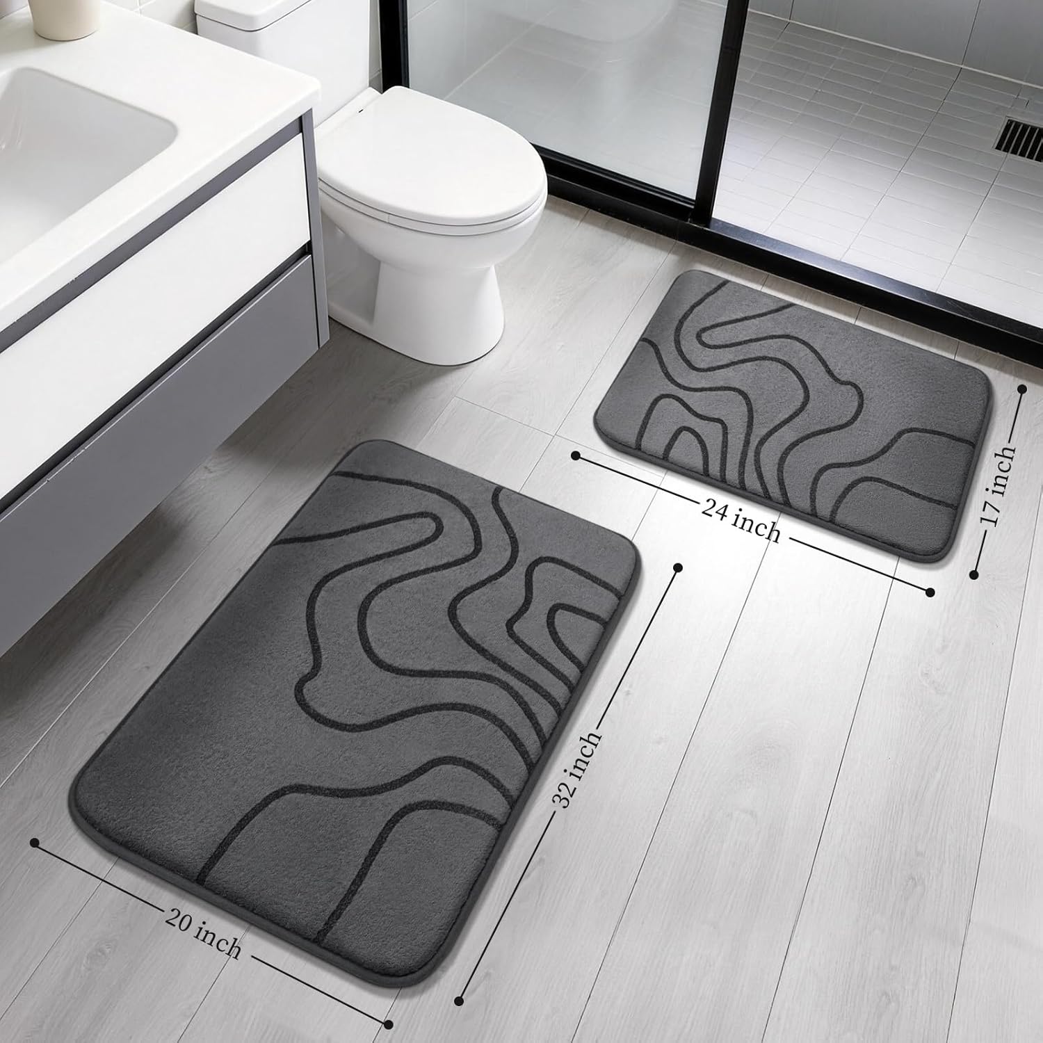 YIHOUSE Memory Foam Bathroom Rugs Sets 2 Piece - Extra Thick Ultra Soft Absorbent Bath Mat Set, Non-Slip Machine Washable Bath Rugs for Bathroom, Tub & Shower, Home Decor (32"x20"+24"x17", Dark Grey)