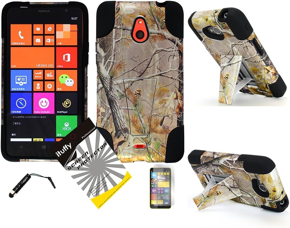 3 items Combo: ITUFFY(TM) LCD Screen Protector Film + Mini Stylus Pen + 2 tone Design Dual Layer KickStand Tuff Impact Armor Hybrid Soft Rubber Silicone Cover Hard Snap On Plastic Case for Nokia Lumia 1320 (Tree Camouflage - Black)