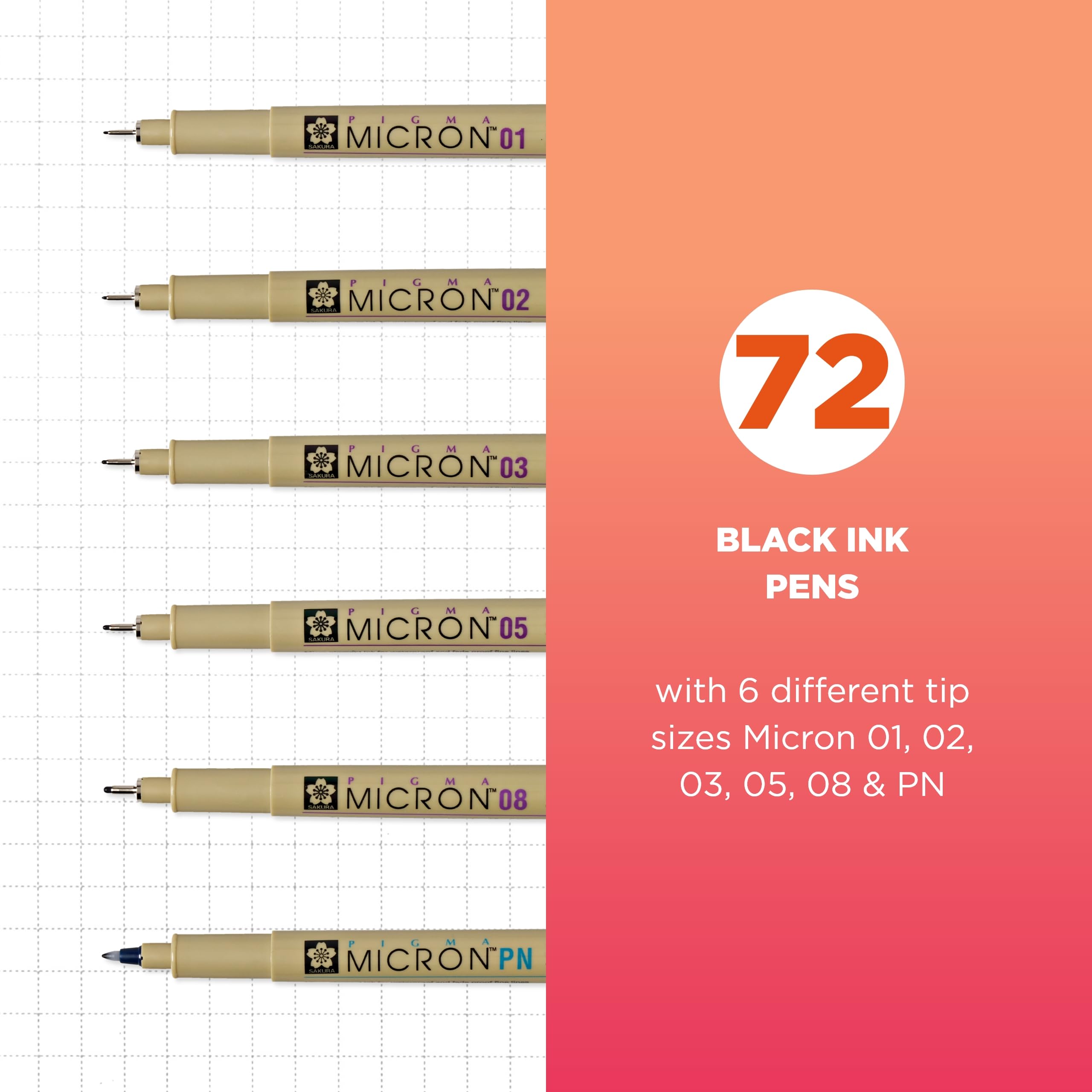 SAKURA Pigma Micron Black Ink Multi-tip Set, 10 Pack: Black 72 Count (Pack of 1) Ink Pen Set