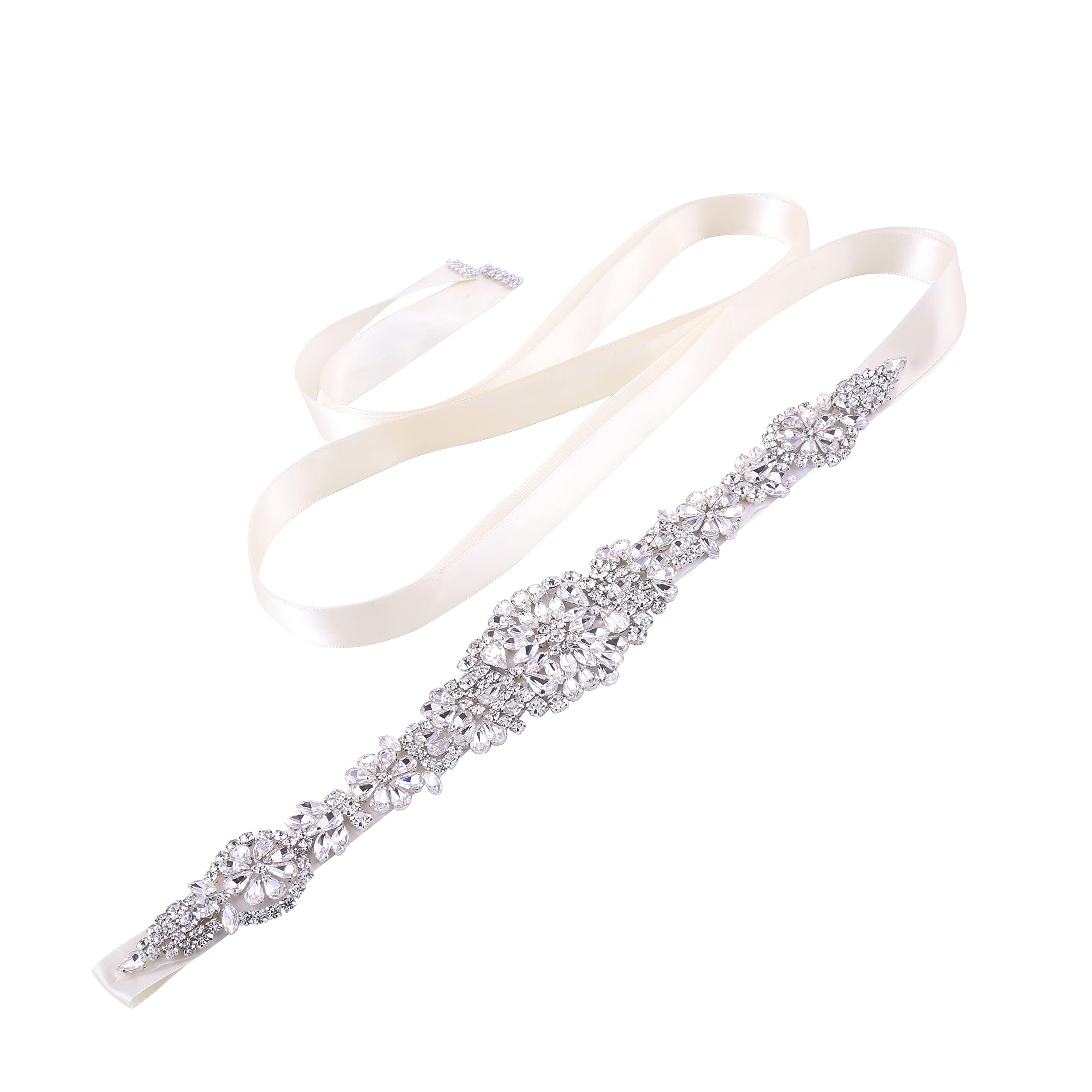 Jovbridsea Bridal Belts Handmade Crystal belt Clear Rhinestones With Ribbons for Wedding Bridesmaid Prom Gowns, Sliver,ivory, One Size