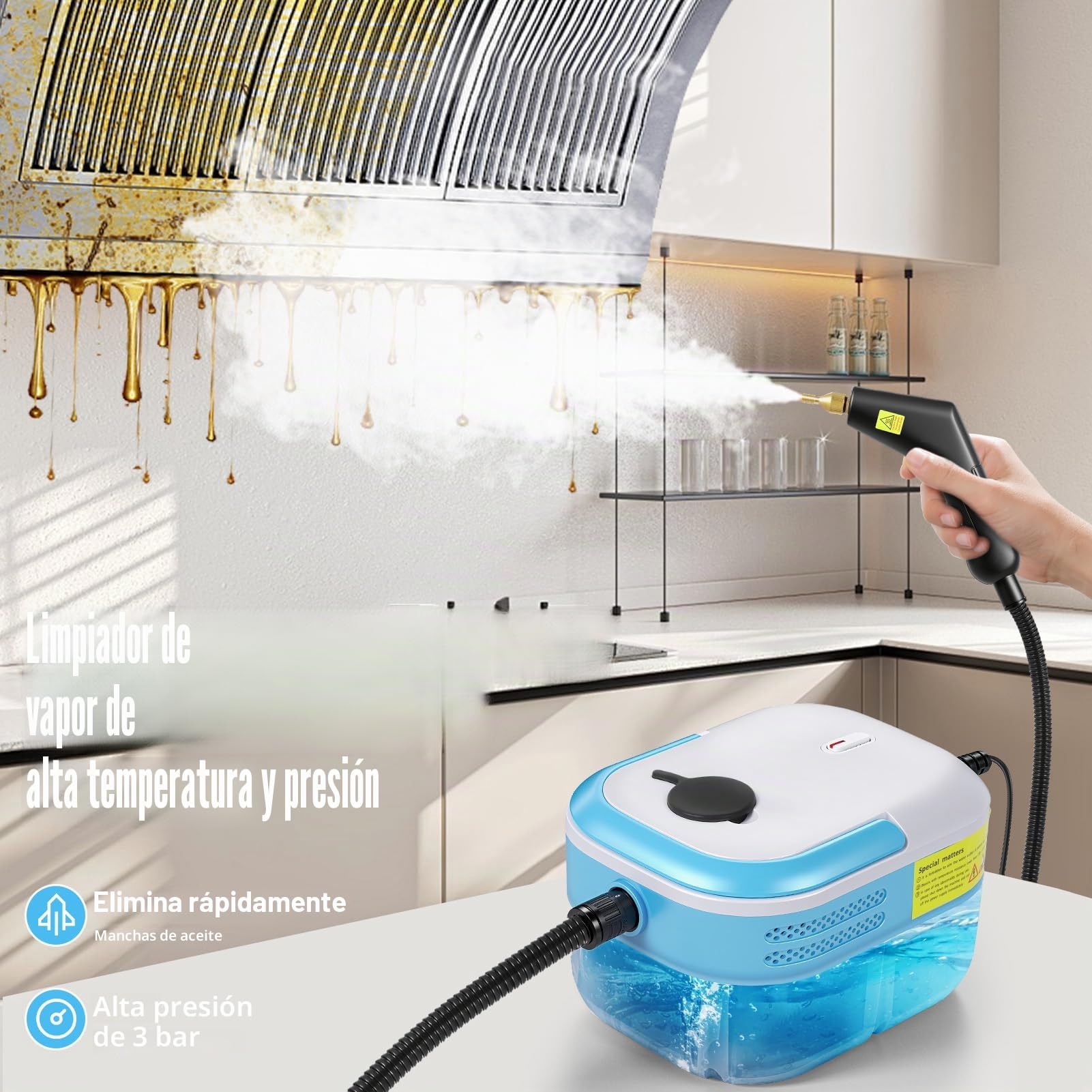 Limpiador a Vapor Portátil 2200W con 12 Accesorios, 1,4L Depósito, para Baño Patio Azulejos Juntas Suelos