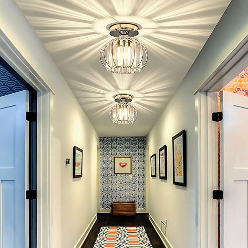 Miniatura 7 de YYJLX Moderna lámpara de techo semiempotrada E26 Mini candelabro de cristal cromado pequeña lámpara de techo para entrada, dormitorio, baño,