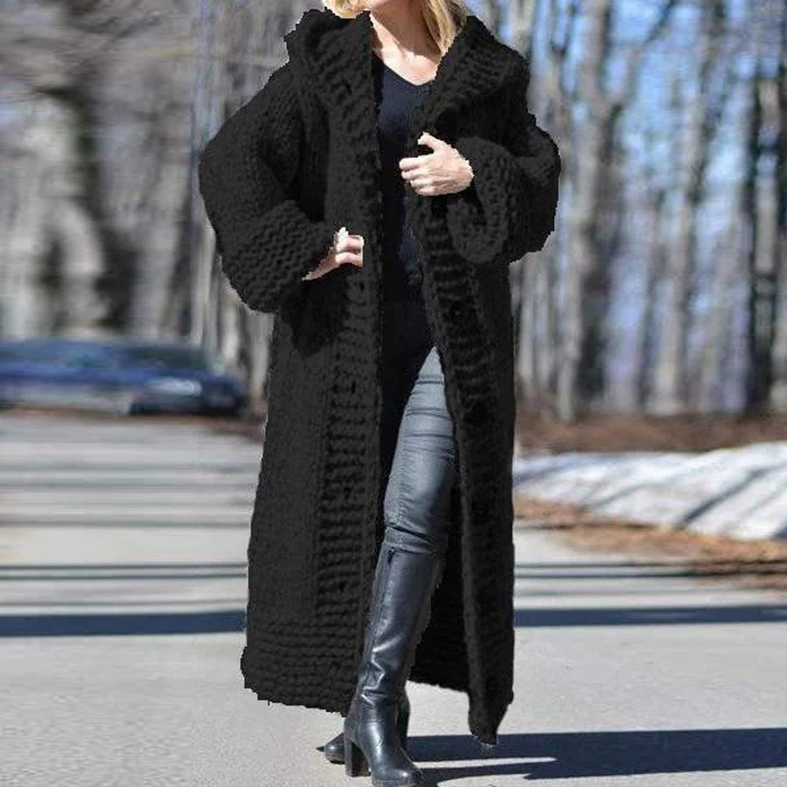 Lange Strickjacke Damen, Strickmantel Damen Mit Kapuze, Langarm Dicke Strickjacke Damen Mit Taschen Einfarbig Oversized Lose Elastisch Cardigan Mit Kapuze Business-Strickjacken Für Den Pendelverkehr