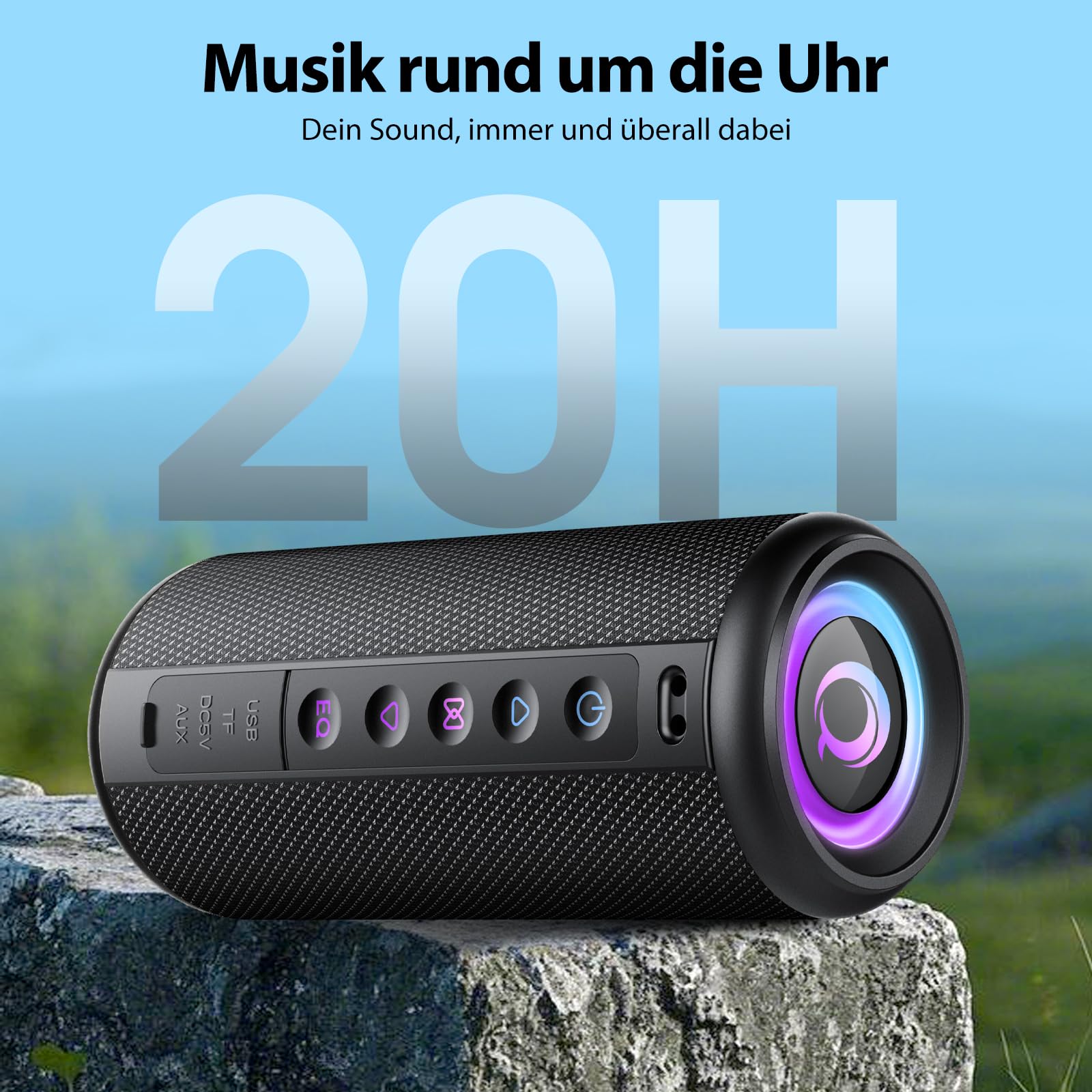 Bluetooth Lautsprecher, 2026 Musikbox Bluetooth 5.4 mit RGB Licht, Tragbare Bluetooth Box, Freisprechfunktion, IPX7 wasserdicht, kraftvoller Sound für Outdoor, Garten und Reisen