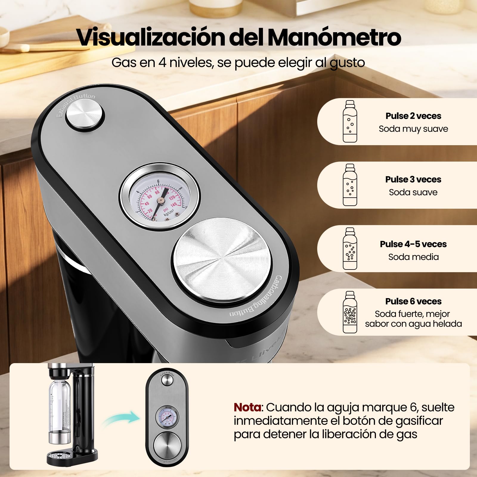 LLIVEKIT Gasificador de Agua, Máquina Agua con Gas de 4 Niveles de Burbujas, Máquina para hacer Soda Compatible con Cilindro CO2, Incluye Botella PET de 0,5 y 1 L, Válvura de Seguridad, Negro