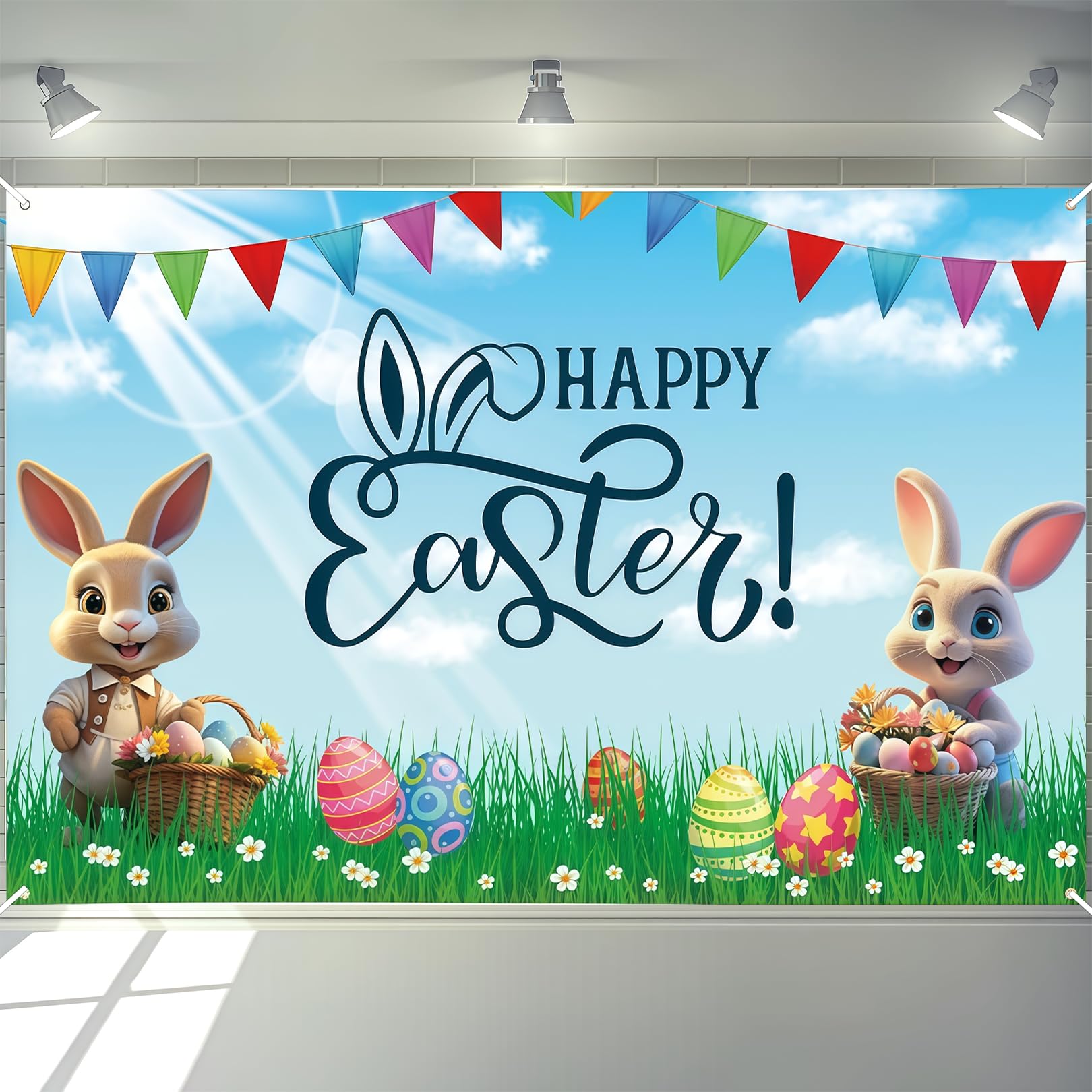 Happy Easter Banner 180x110cm Easter Decorations Backdrop for Indoor and Outdoor Activities Party Spring Decorations Photo Booth Easter Egg Hunt Game Supplies