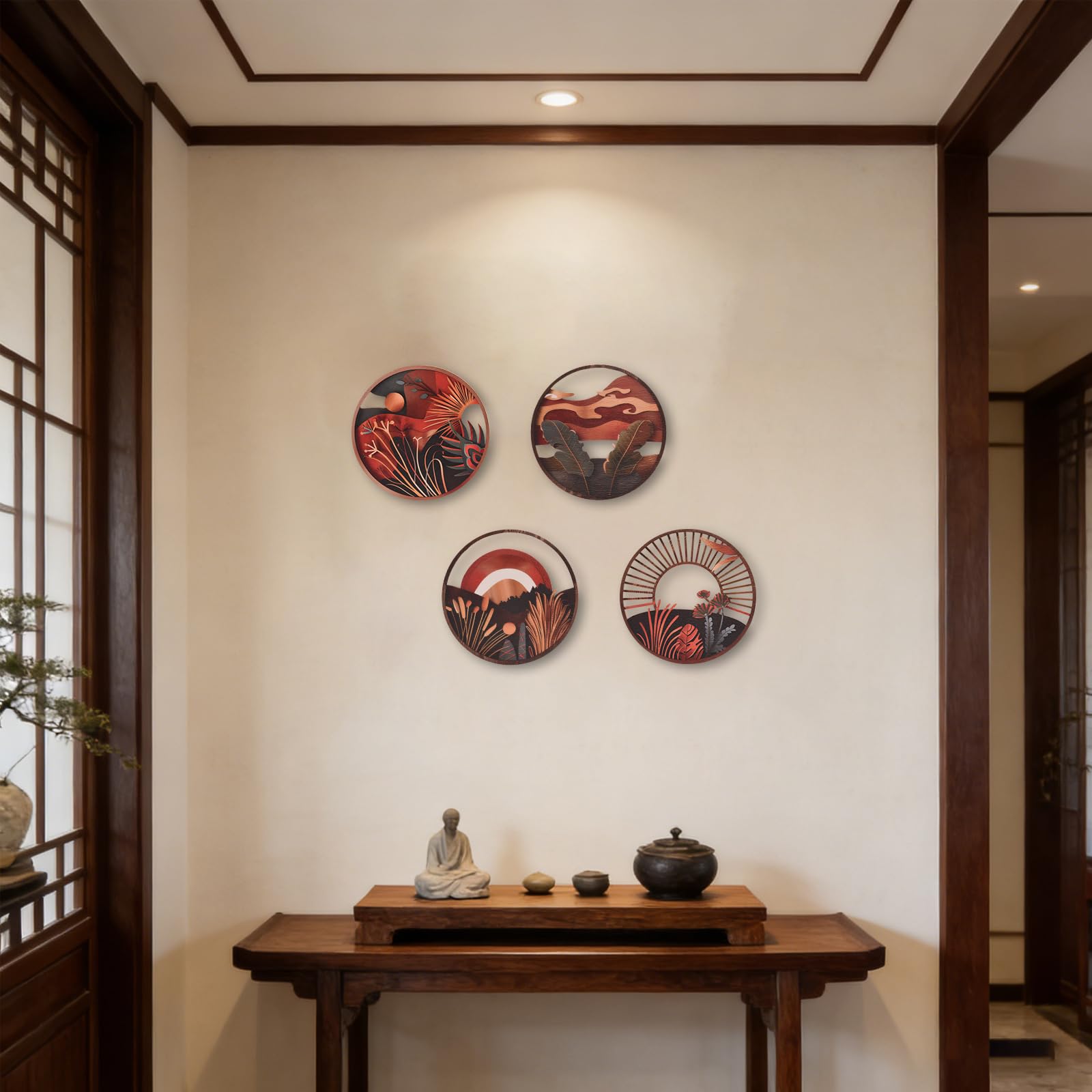 Qaixwuyi Juego de 4 piezas de decoración de pared estilo boho, arte geométrico de madera, decoración rústica redonda moderna con reverso autoadhesivo para sala de estar y dormitorio