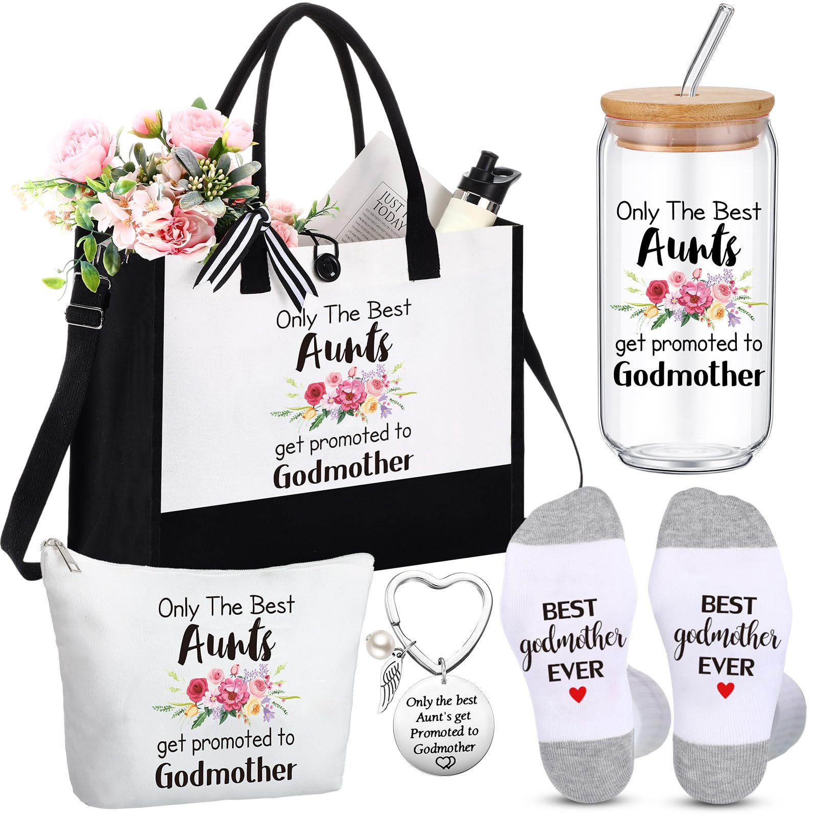 Funnymoom 5 Pack Godmother Gifts for Mother's Day, Best God-mother Ever Themed Gift for Birthday, Only The Best Aunts Get Promoted to Godmother Tote