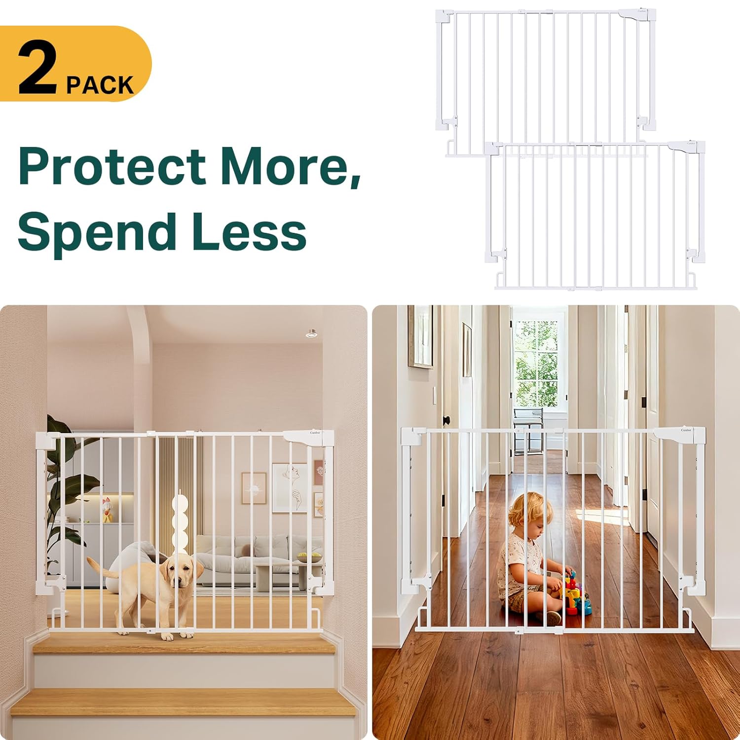 Cumbor 29.2–43" Baby Gate for Stairs (White) & 2 Pack Dog Gate (White)