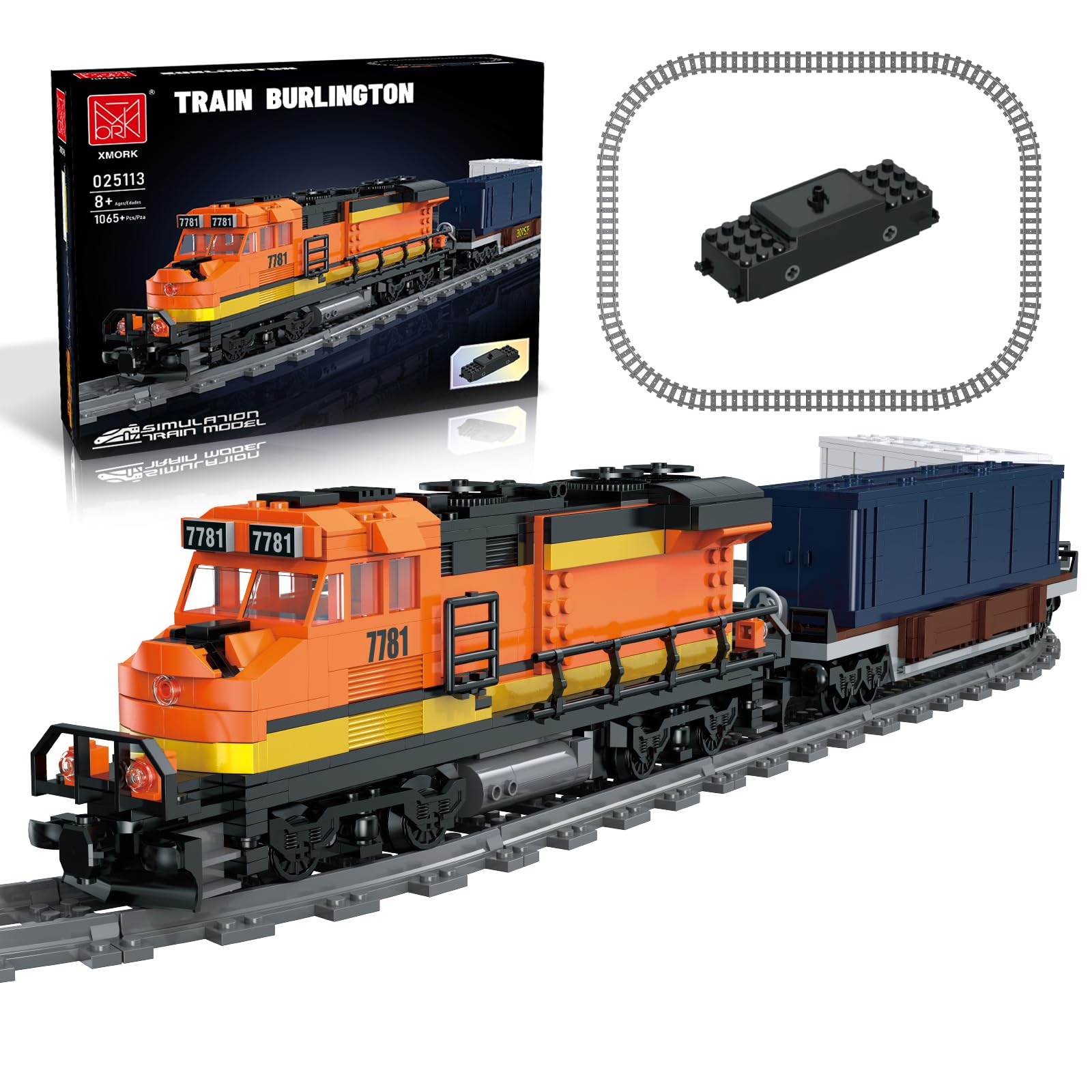 MOCBROPCS Burlington Train Building Set, Freight Cargo Train, with Rechargeable Motorized Working Head, 2 Coaches and 32 Tracks, Gift for Boys&Girls Teens Age12-16 (1065 Pieces)