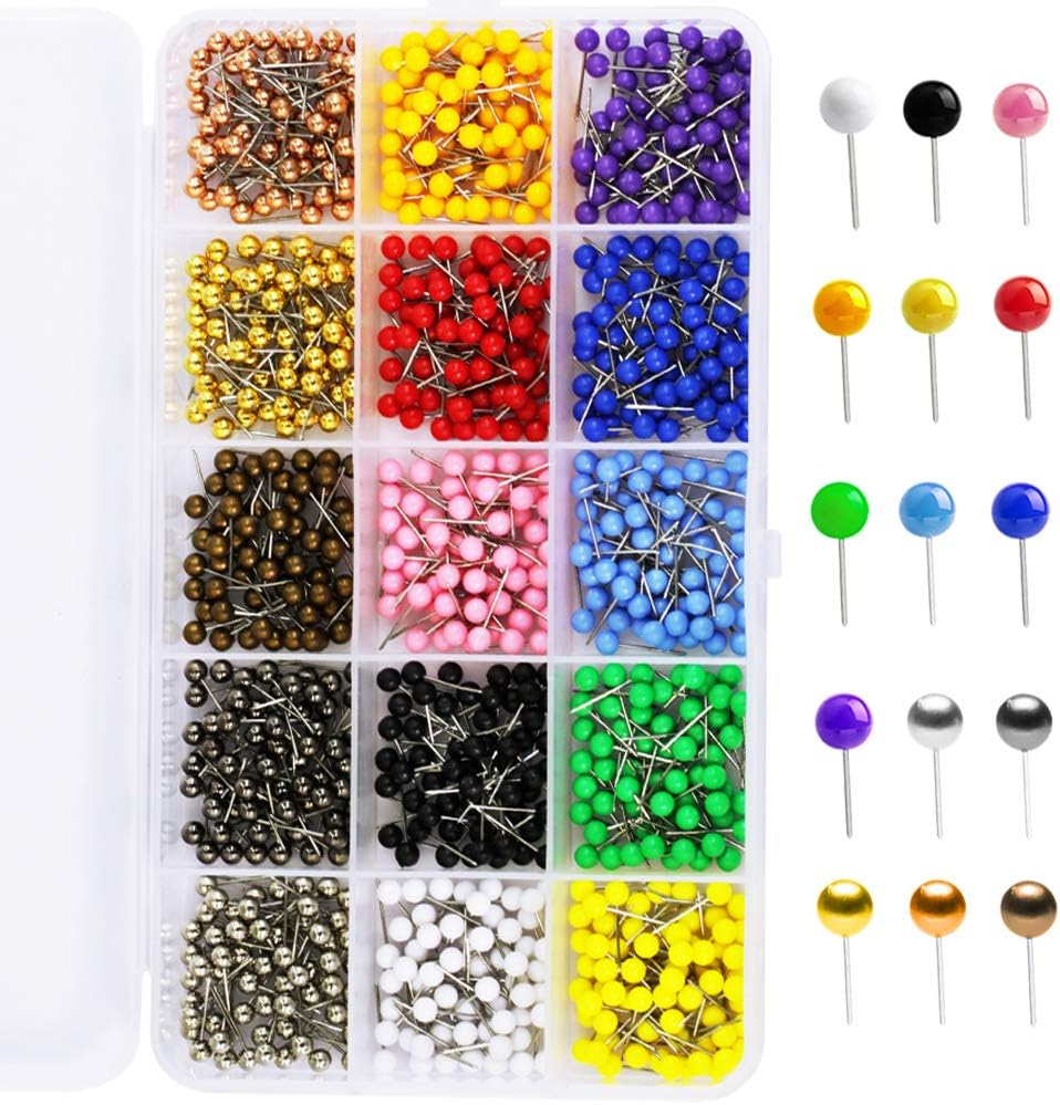 900 Pieces Multi-Color Push Pins Map Tacks,1/8 Inch Round Head with Stainless Point, in Reconfigurable Container for Bulletin Board, Fabric Marking, Map Pins (15 Assorted Colors)