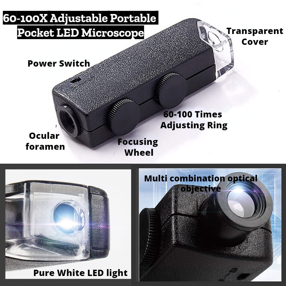 Microscopio de Mano 60-100X Zoom Portátil Zoom LED Lupa Luminosa Mini Lupa Óptica para Observar