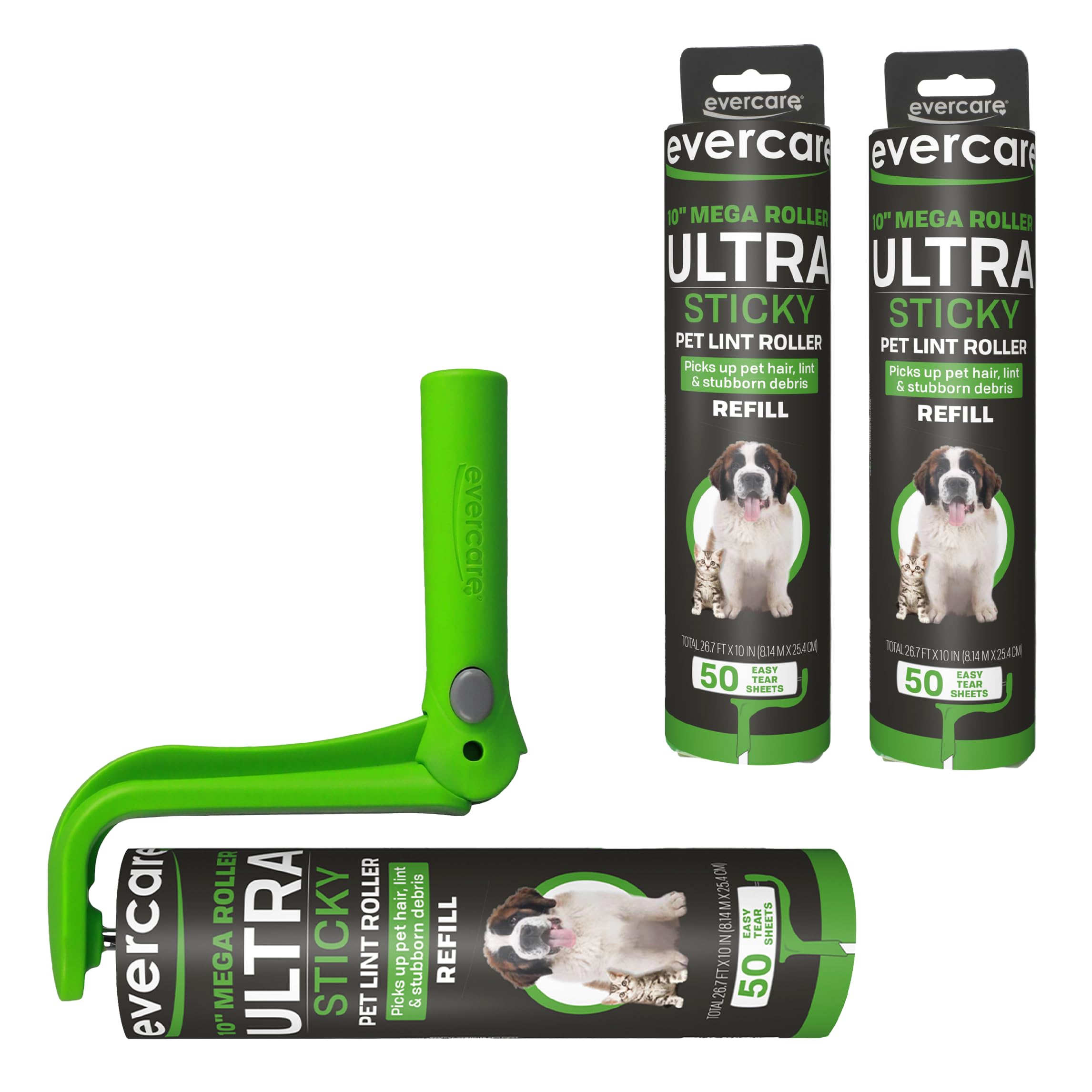 Evercare Ultra Sticky Pet Mega Fusselrolle Vorteilspack mit Fusselrolle und 2 Nachfüllrollen, je 50 Blatt