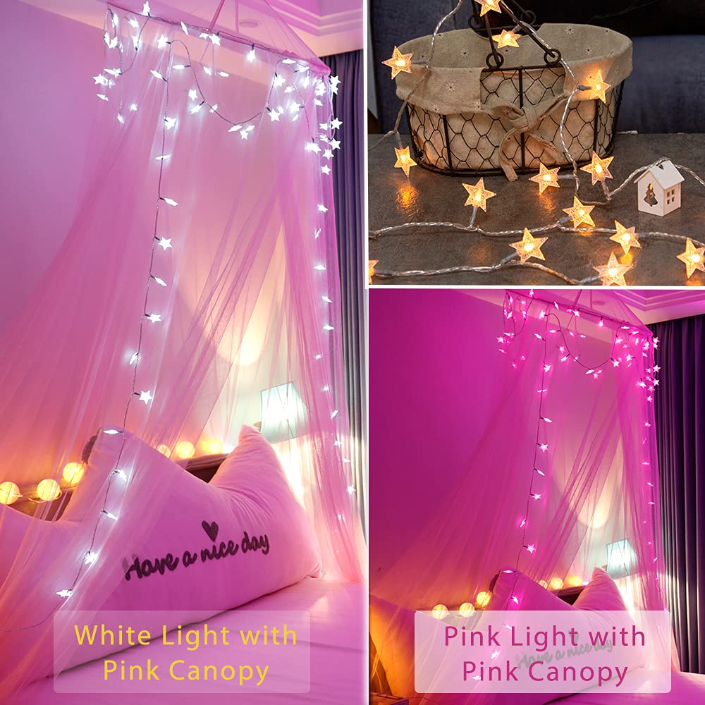 Pooqla Valentines Pink Bed Canopy with Lights, Bed Curtain Canopy for Girls with 100LED Color