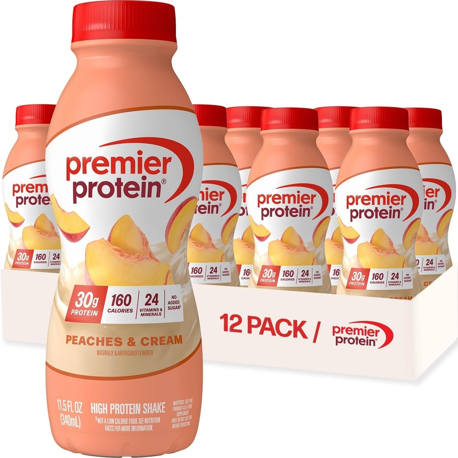 Premier Protein 30g High Protein Shake, Peaches & Cream, 12 Pack | 160 Calories, 24 Vitamins & Minerals, No Added Sugar, Supports Muscle Health, Gluten-Free, 11.5 oz Peaches & Cream 11.5 Fl Oz (Pack of 12)
