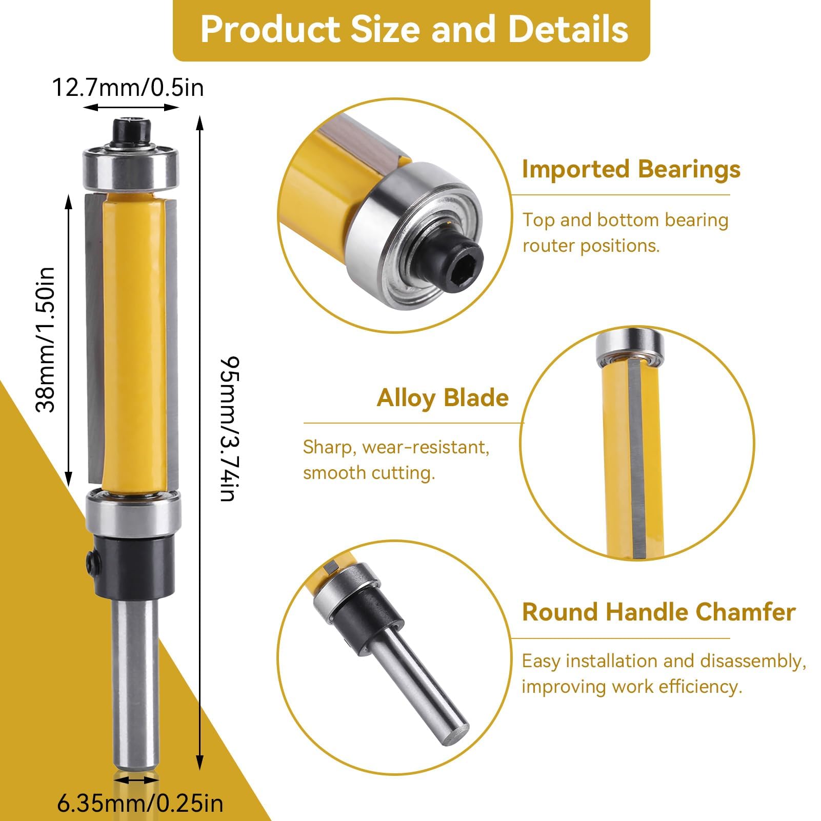 Freesbitset, Schacht Flush Trim Router Bits Frees for hout Verlengde trimfrezen met lager Houtbewerkingsgereedschap Frees; 6mm 1/4 (Size : NO1