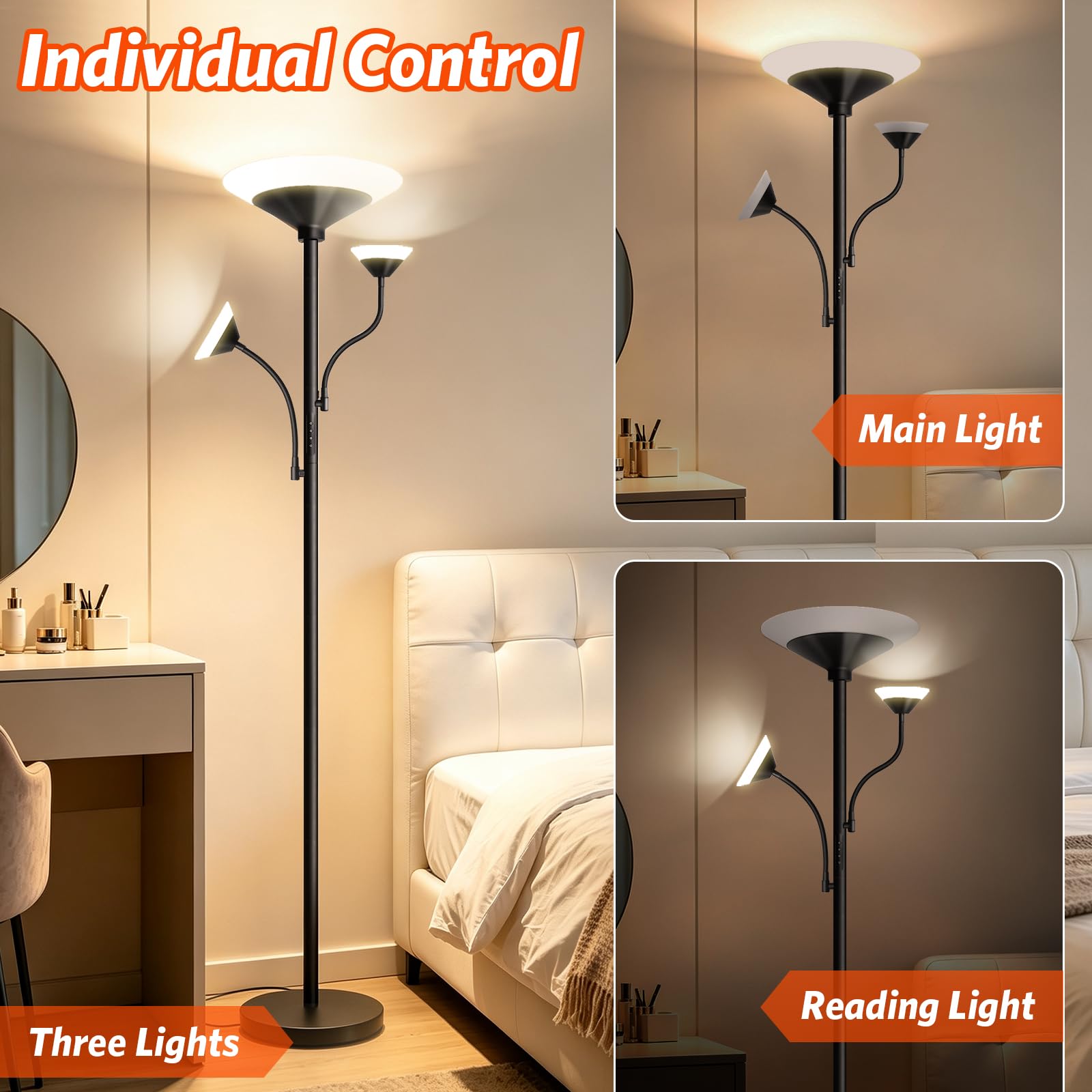 3-Licht Stehlampe LED Wohnzimmer, 39WDimmbar Deckenfluter mit Fernbedienung