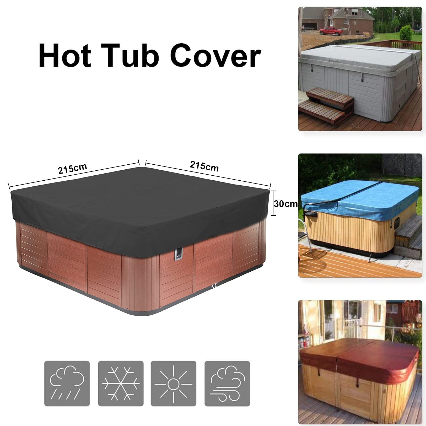 LDIW Outdoor Square Hot Tub Cover 210D Oxford Fabric Garden SPA Bath Pool Cover Waterproof Dustproof Anti-UV Multiple Sizes to Choice,Black,215x215x30cm — view 2