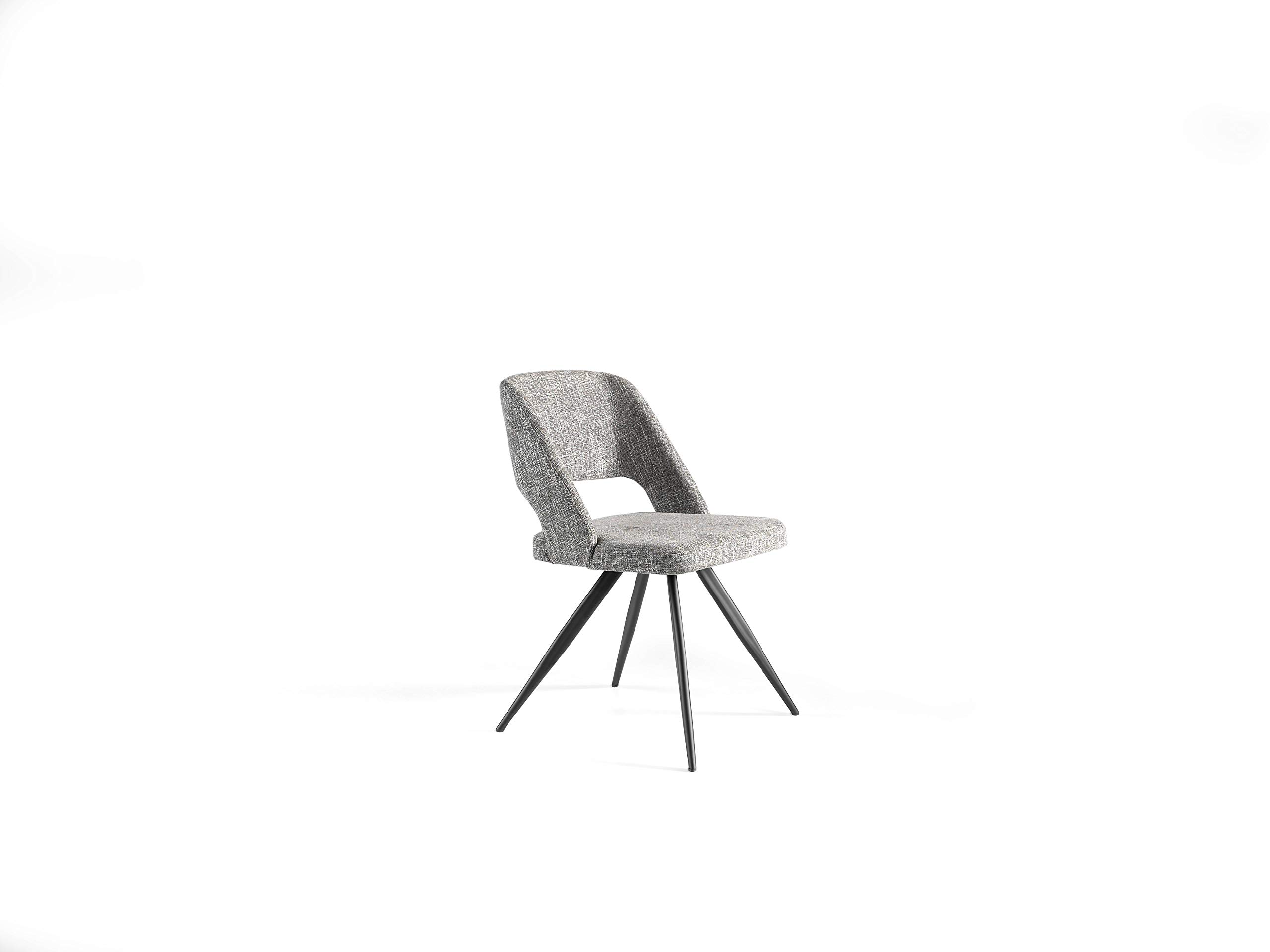 Silla comedor tapizada en tela y estructura de patas en acero epoxi pintado en color negro.